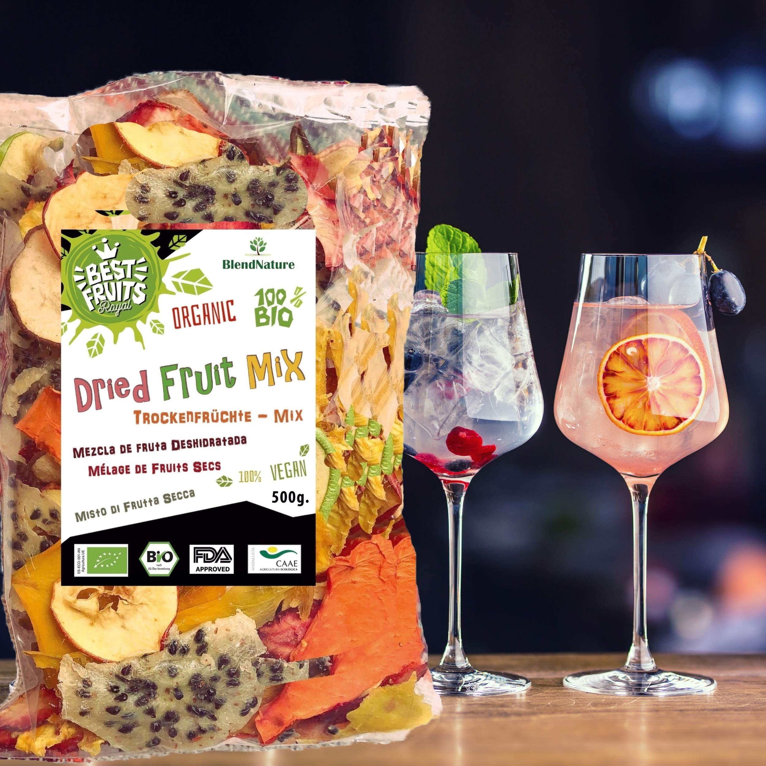 Fruta Deshidratada Sin Azucar Añadido - MIX 10 Mango Naranja Platano Manzana Pera Kaki Melocoton Piña Melon Arandanos 500g - 100% Natural – Ideal para Pasteles Cocteles o Snack – Sin Gluten