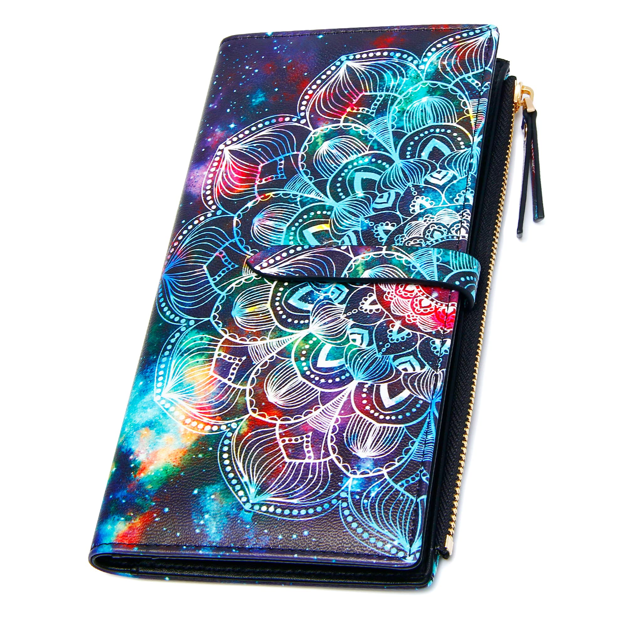 Billeteras delgadas para mujer, tarjetero RFID plegable con bolsillo con cremallera, Mandala azul, Delgado