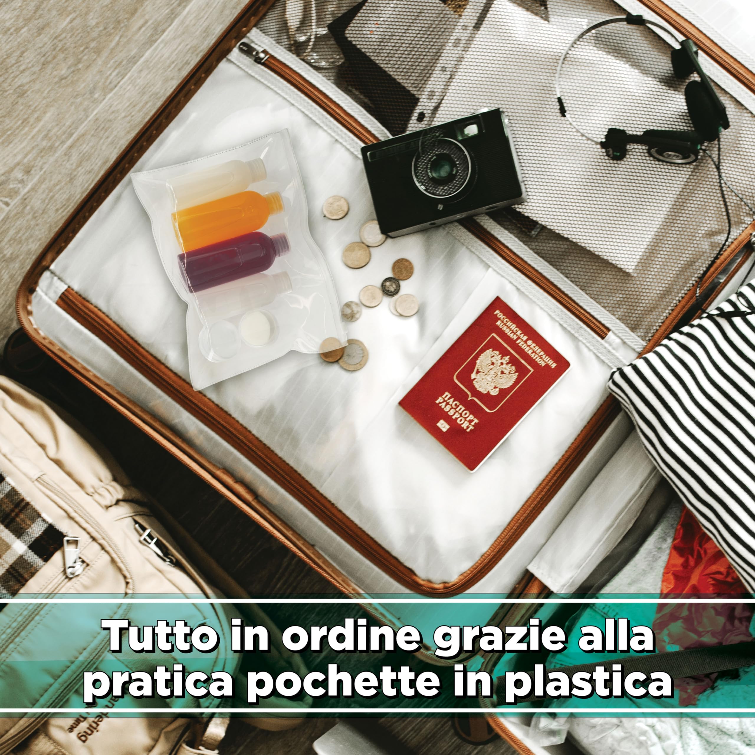 7 PZ Kit Viaggio Liquidi BENESSERE In Linea® - kit Liquidi Aereo - kit viaggio aereo - Travel kit 100 ml - Porta Liquidi da viaggio aereo - 2 flaconi 100 ml + 2 flaconi 50 ml + 2 Porta Crema / Lenti