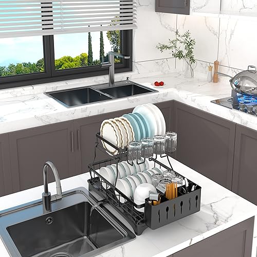 Miniatura 9 de Escurridor de platos con escurridor escurridor de platos de 2 niveles para encimera de cocina juego de escurridor a prueba de óxido con soporte para