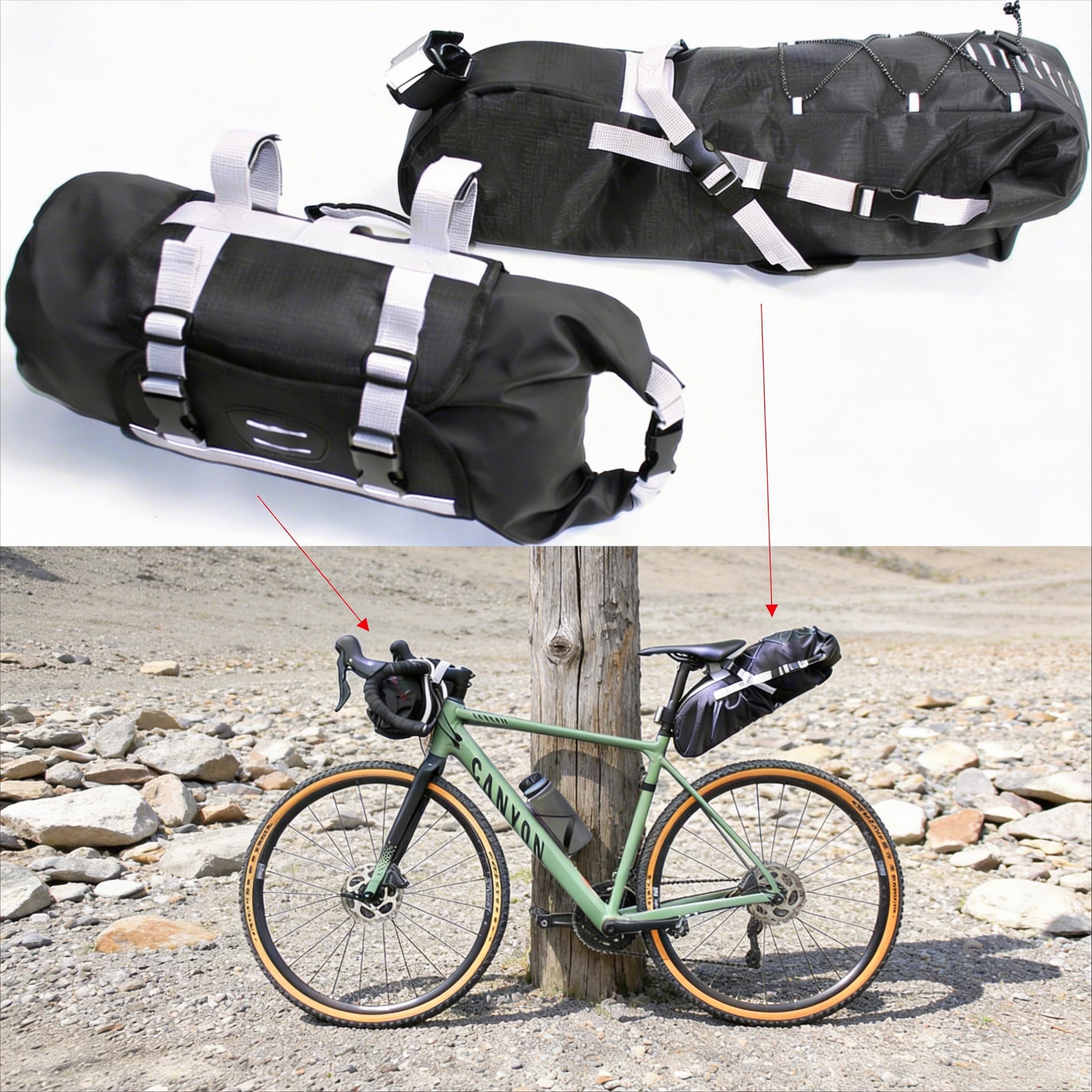 QMBasic Fahrrad LENKERTASCHE und SATTELTASCHE im Set 17 Liter, bikepacking Taschen wasserdicht Ultraleicht ohne Gepäckträger für Rennrad Gravel MTB e-Bike Schwarz Sport & Freizeit