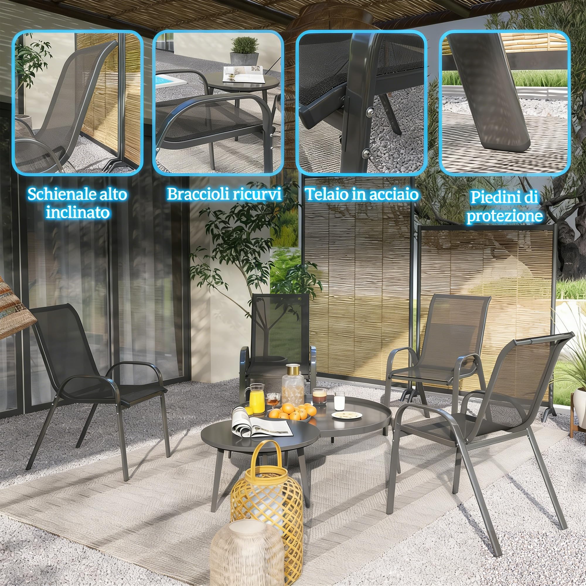 Outsunny Set 4 Sedie da Giardino Impilabili con Braccioli, Acciaio e Texteline, 54x71x93 cm Nero