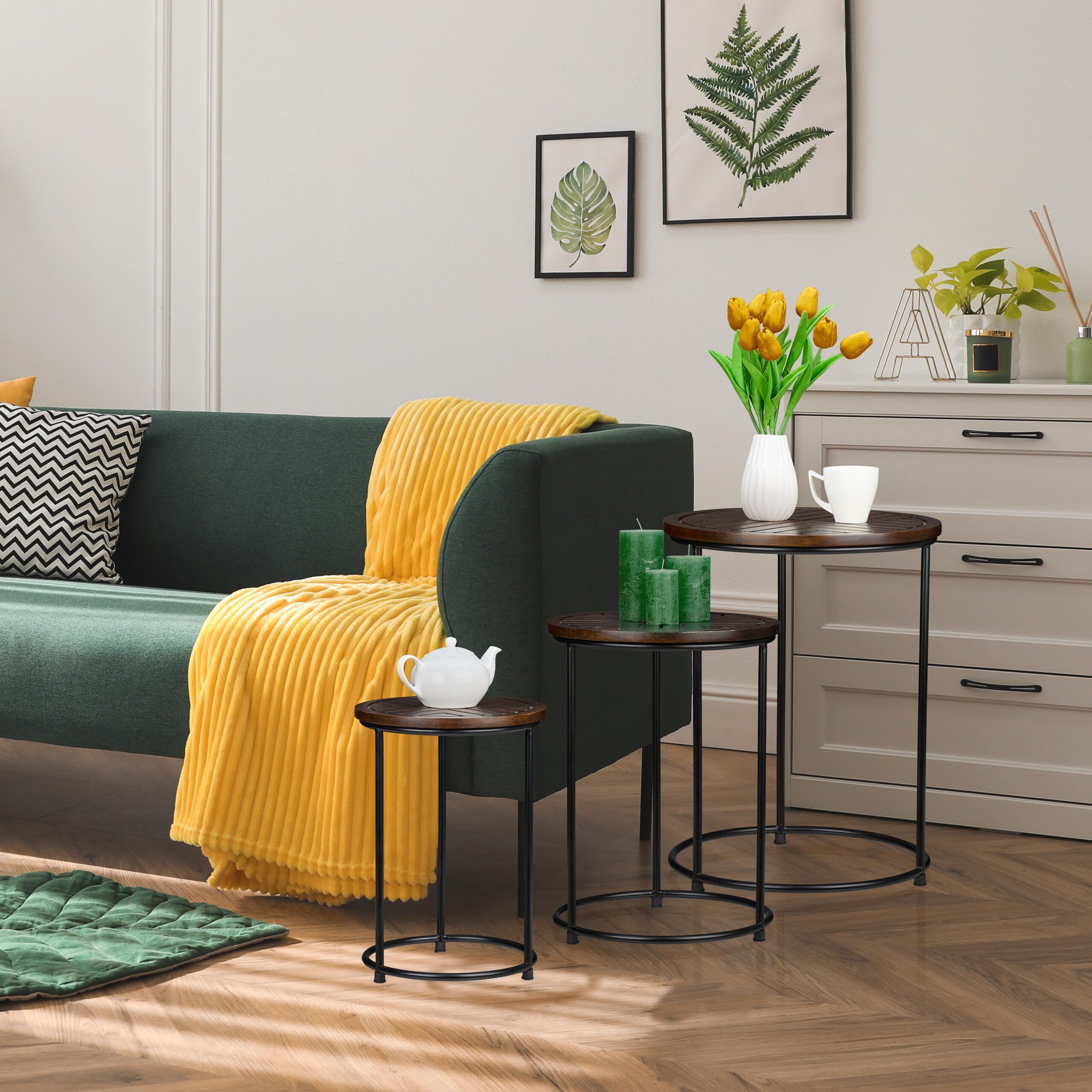 Relaxdays Table d'appoint en Lot de 3, Bois de manguier, Cadre en Fer, pour Le Salon ou la Chambre, Marron foncé et Noir