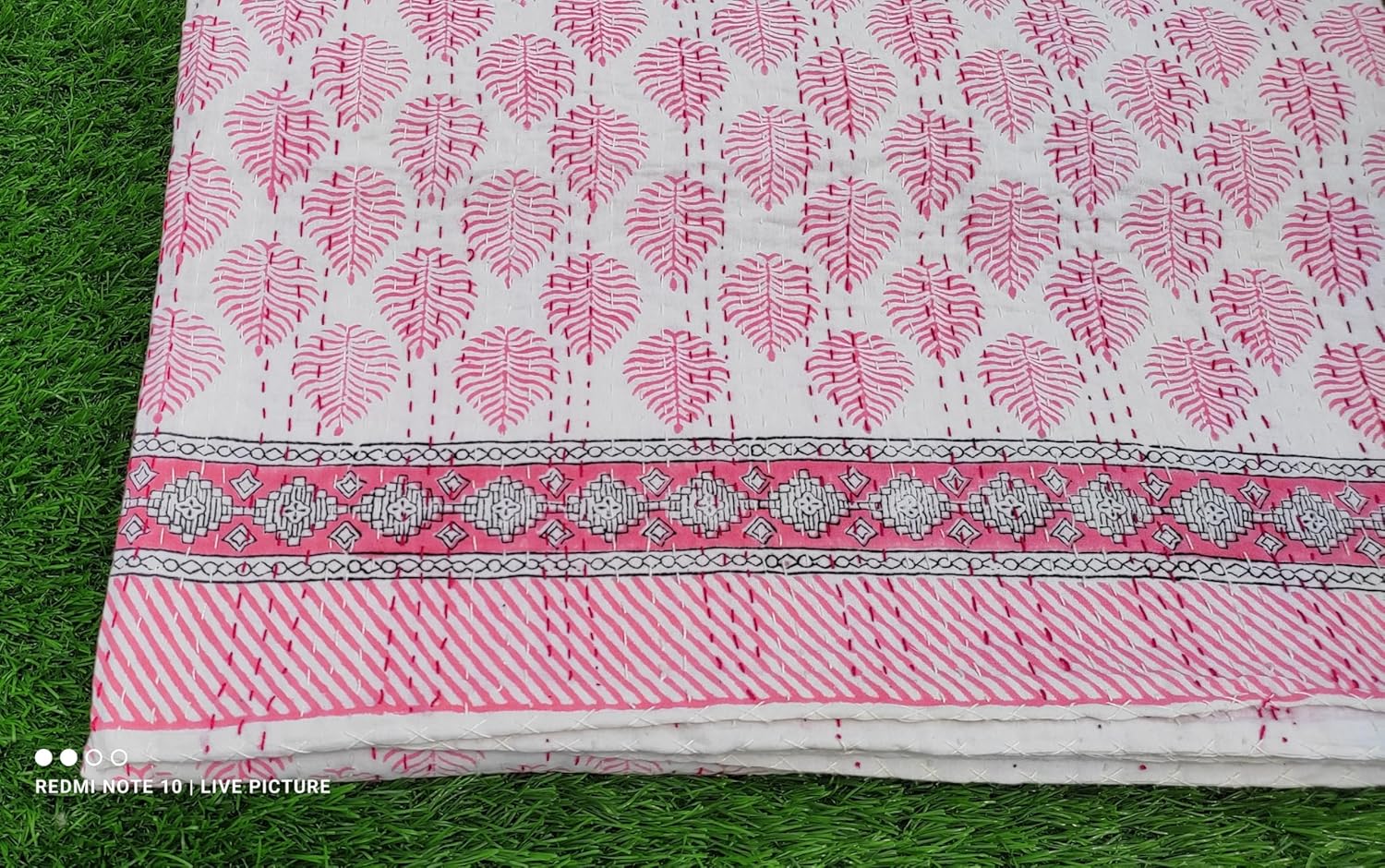Boho Cotton Quilt with Pink Leaf Block Design Soft Kantha Stitch Blanket for Modern Bedroom Decor (White Base with Pink Leaf Print, King (108X108), Hand Block Pink Leaf Motif)