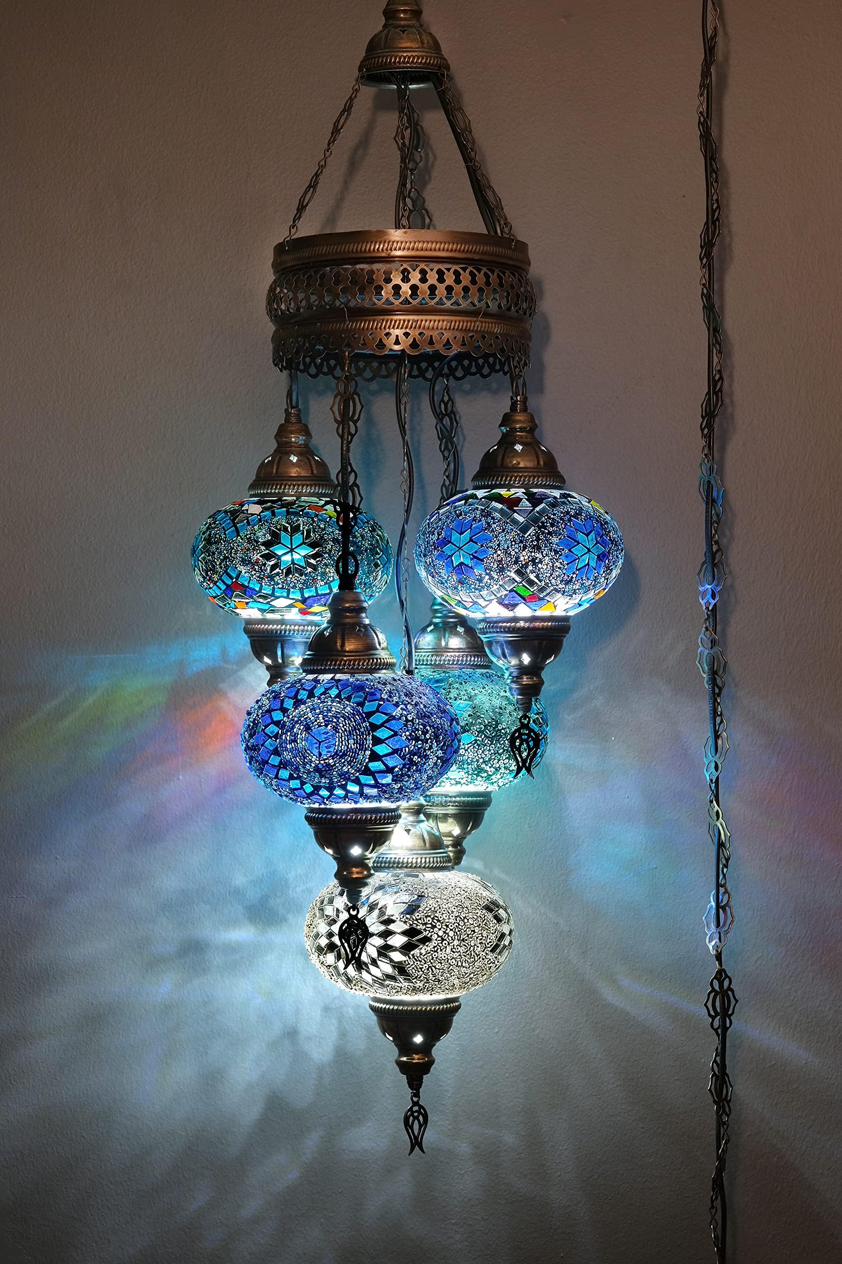 Asylove 5 Globe Turkish Pendant Ligting, Mosaic Turkish Moroccan Hanging Lamp, Ceiling Decorative Dining Lamp, 3 Feet Height 7 inch Globes (ColdMix)