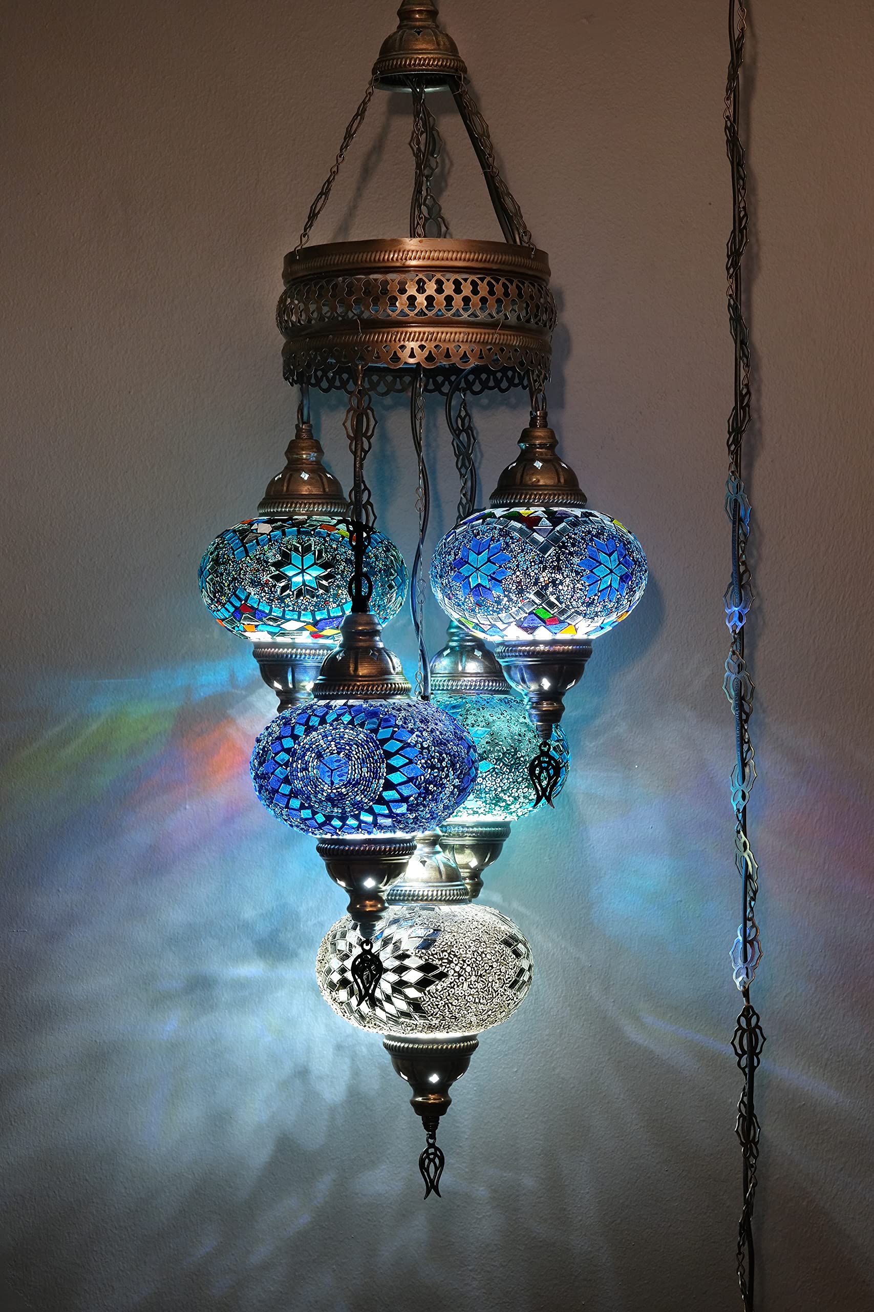 5 Globe Turkish Pendant Ligting, Mosaic Turkish Moroccan Hanging Lamp, Ceiling Decorative Dining Lamp, 3 Feet Height 7 inch Globes (ColdMix)
