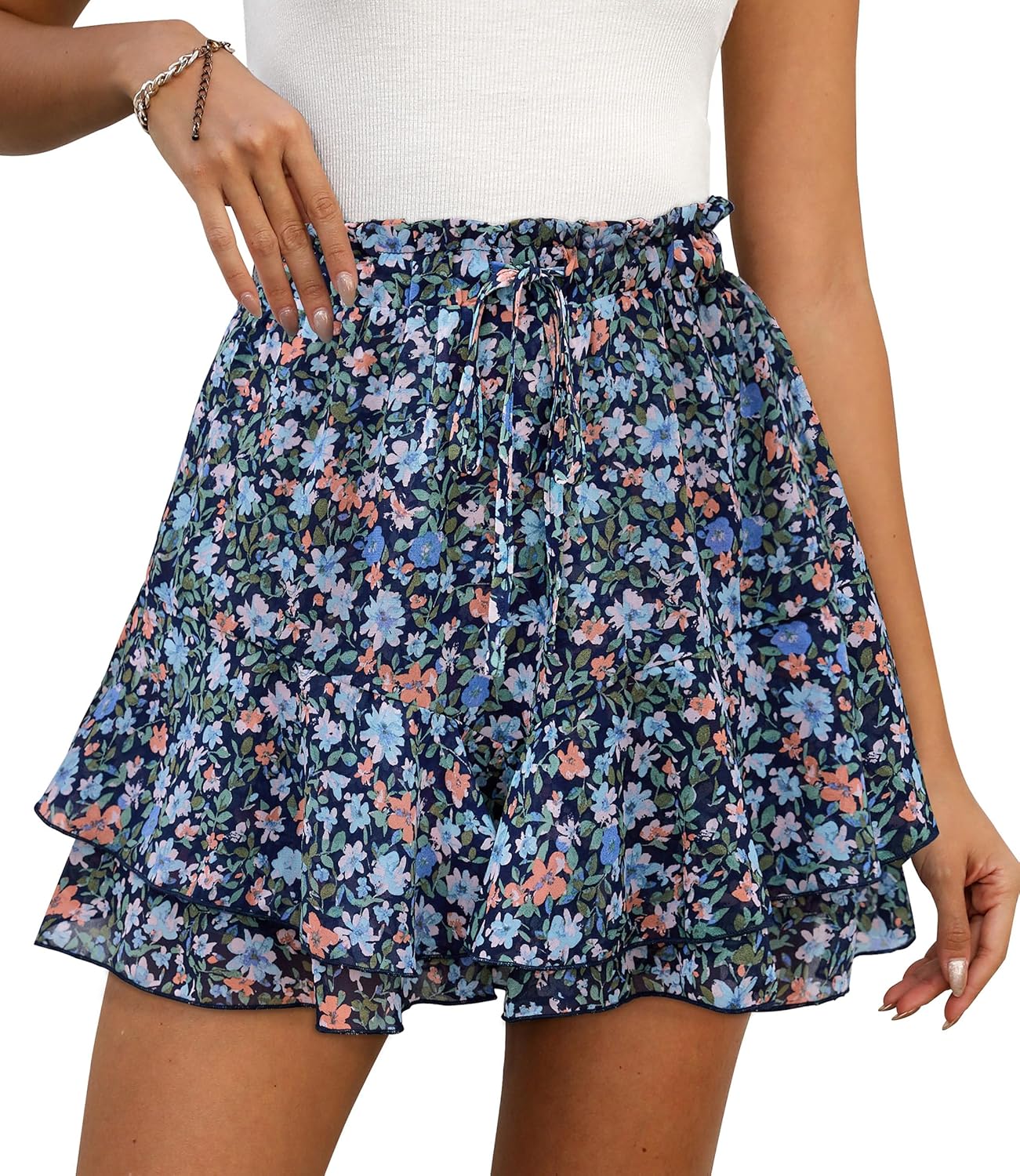 LOMMOJ Shorts for Women Summer Casual Ruffle Chiffon Skorts Boho Mini Skirts