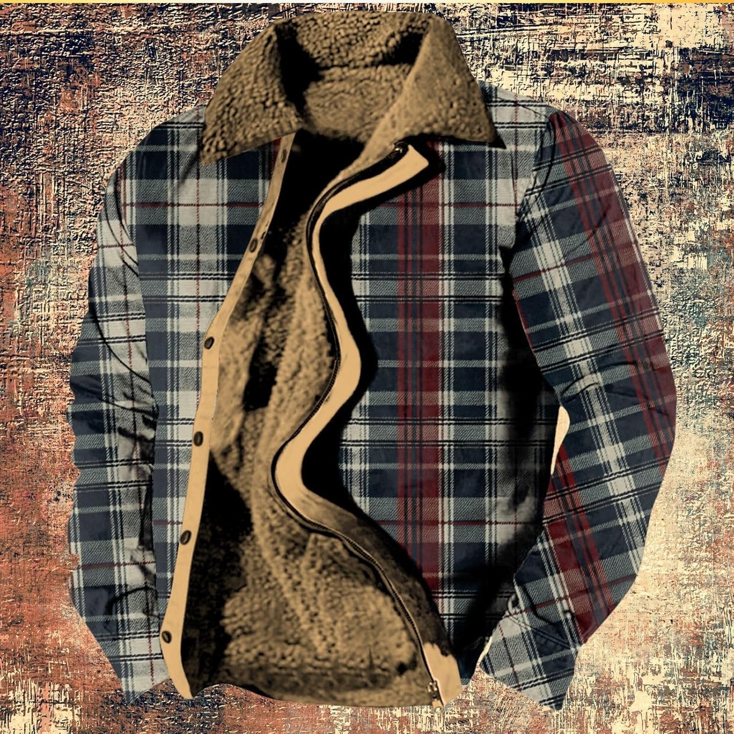 Men's Fleece Lined Lapel Zipper Jacket Autumn/Winter Vintage Washed Checkered Print Graphic Coat with Pockets