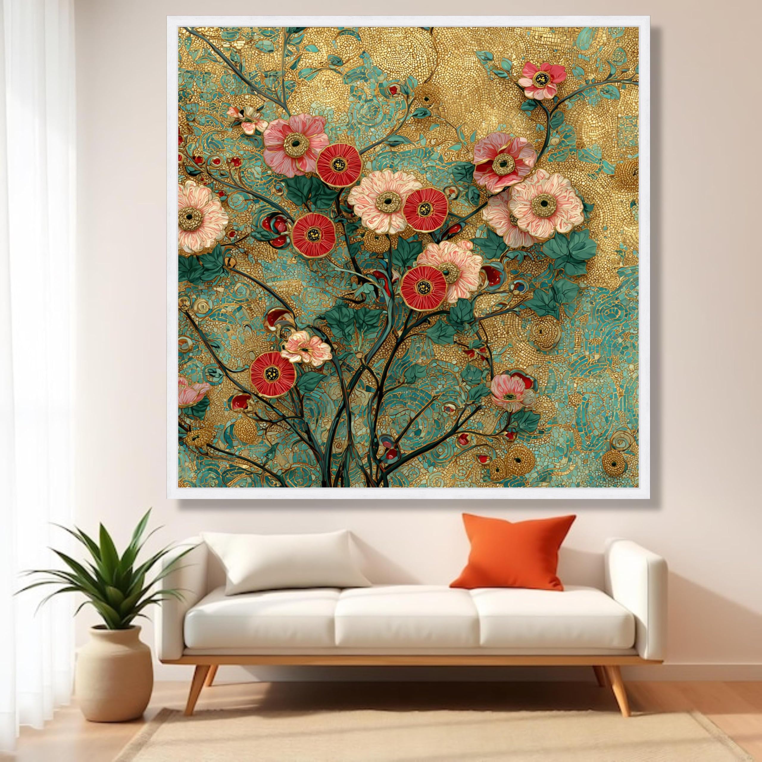 XINBAO Estetyczna kwiatowa sztuka ścienna na płótnie, złota mozaika, dekoracyjny obraz kwiatowy, płótno botaniczne, dekoracja domu obraz akcentujący (80 x 80 cm/bezramowy)