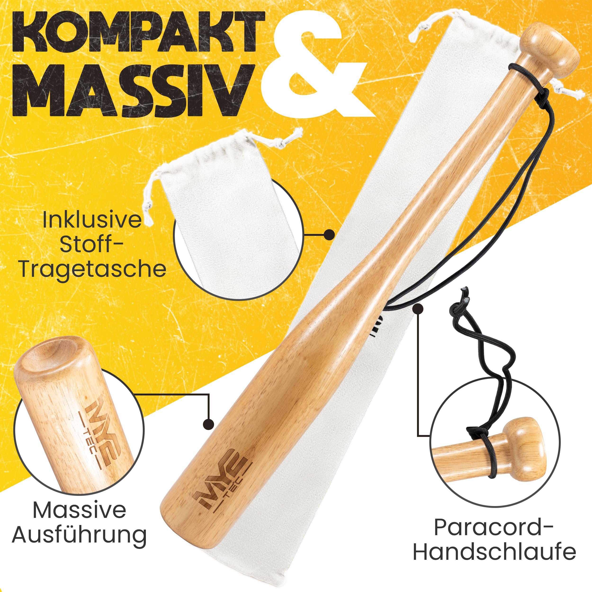 Oramics Baseballschläger Holz 18 Zoll (48 cm) – Robuster Massivholz Baseball Bat mit Handschlaufe & Tragetasche – Outdoor Schläger für Training, Sport & Freizeit