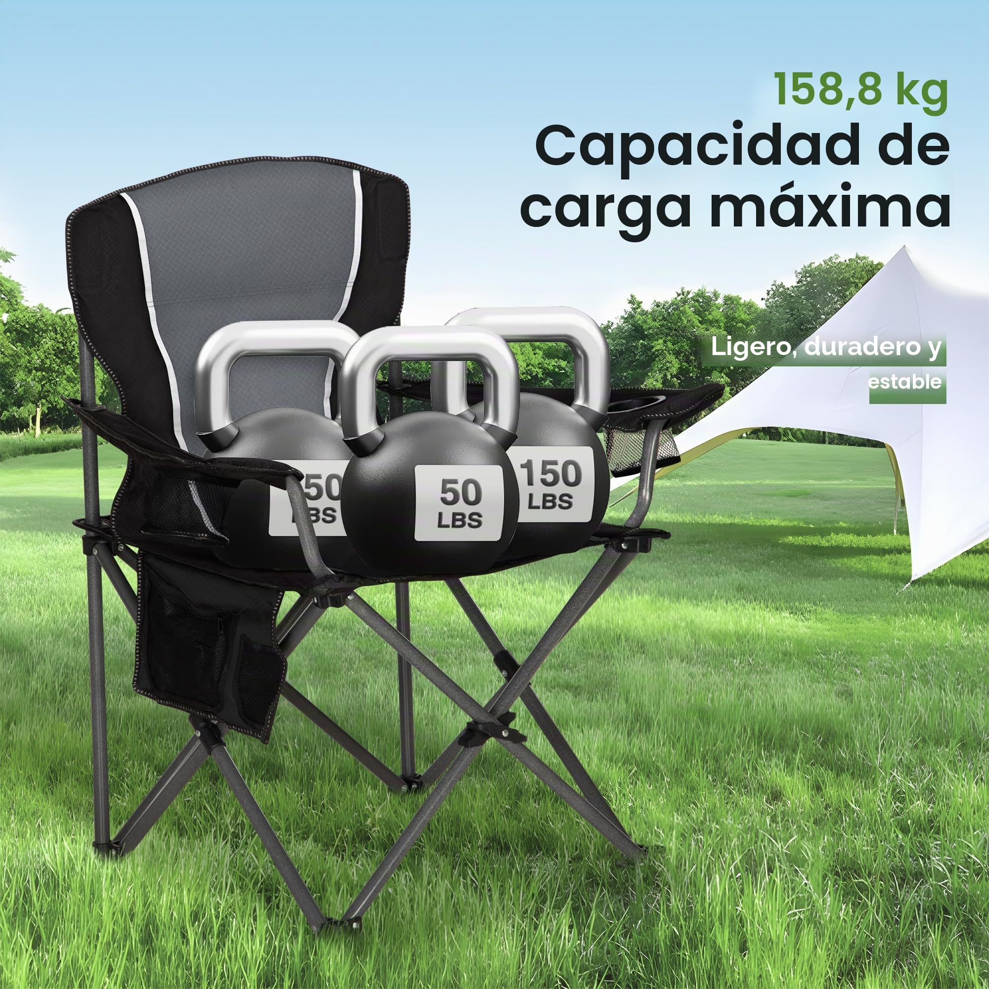 HIGH POINT SPORTS Silla de Camping Negro, Silla Camping Plegable Silla Plegable Portátil de Gran Tamaño, Silla Plegable Azul-Gris Resistente al Aire Libre 160KG Silla de Pesca (Negro 2 Piezas)