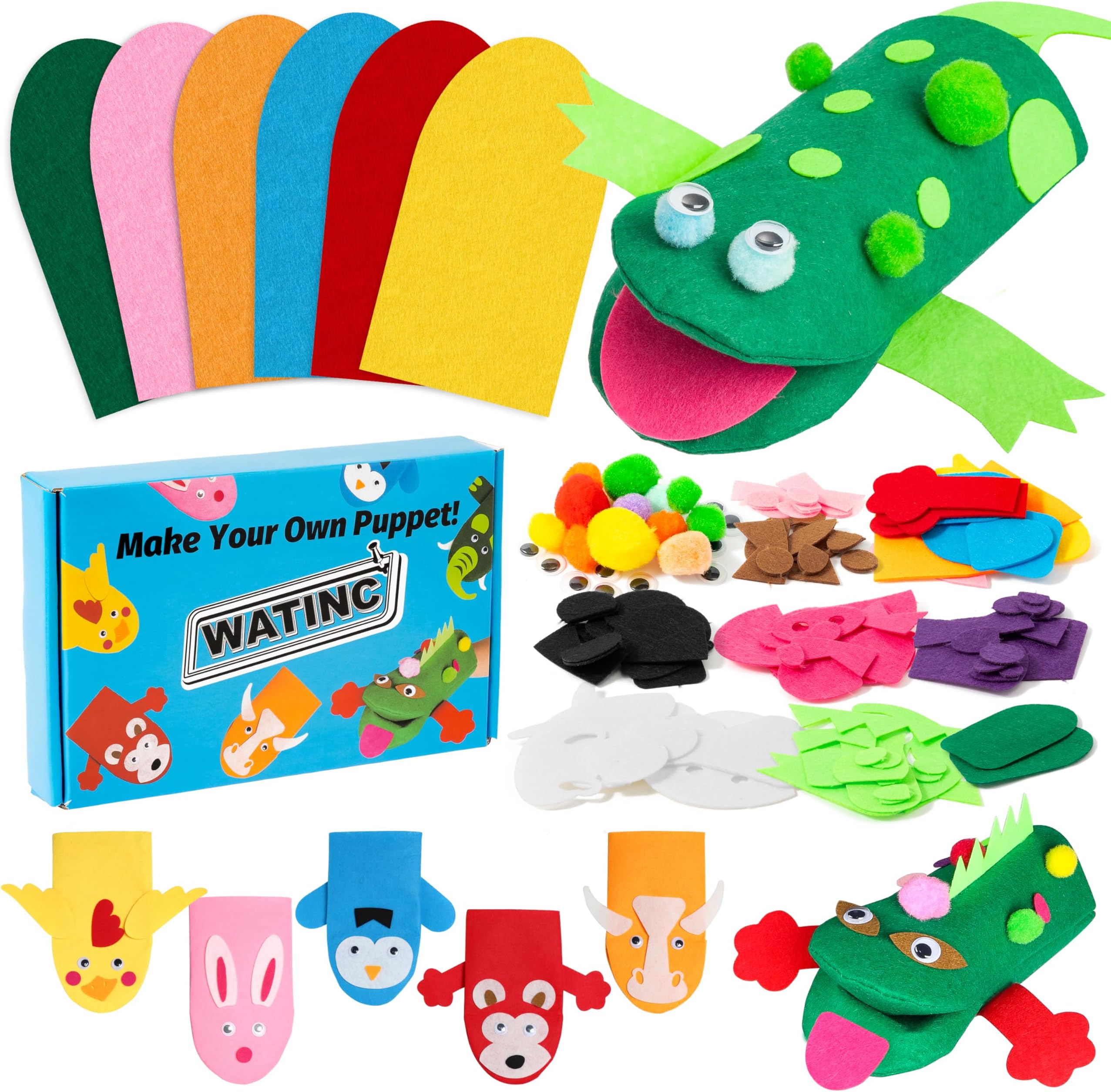 6Pcs Hand Puppet Making Kit, Art Craft Felt Sock Puppet Toys, Creative DIY Make Your Own Pompoms Wiggle Googly Eyes Storytelling Role Play Party Supplies Gift for Girls Boys (Animals)