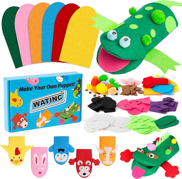 WATINC 6Pz marionette a mano Kit bambini DIY Art Craft Set di decorazioni in feltro Giochi di ruolo Burattini Divertenti Giochi, Glitter Palla Pompon Wiggle Googl Occhi, fai-da-te Burattini a mano - 1