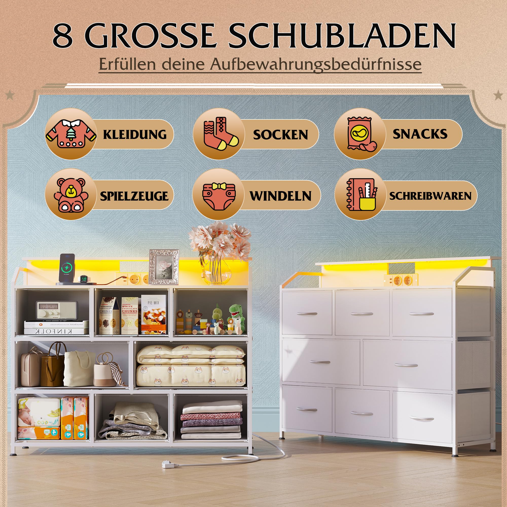 WLIVE Kommode mit LED-Beleuchtung und Ladestation, 8 geräumige und Tiefe Schubladen mit Stoffbezug, Holzplatte und stabiles Stahlgestell für Wohnzimmer und Schlafzimmer (Weiß mit Holzmaserung)