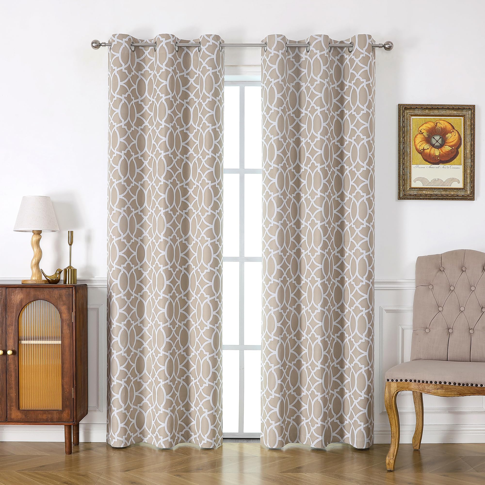 SimplebrandJanae Blackout Curtains 84 Inches Long 2 Panels for Bedroom, Geometric Printed 100% Room Darkening Window Curtain Panels Liner Thermal Insulated Energy Saving Drapes, 40" W, Taupe