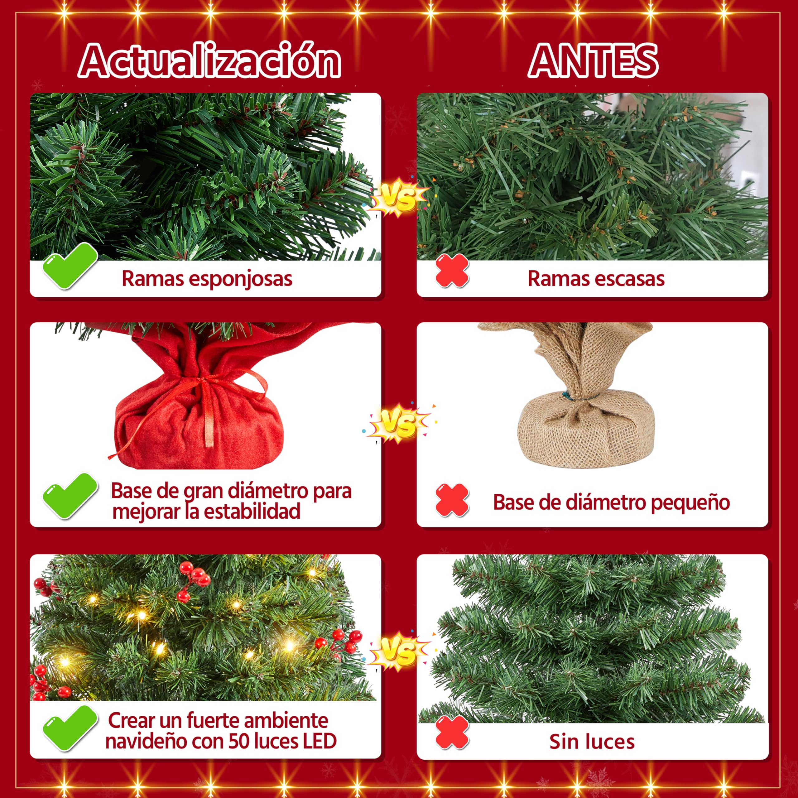 Yaheetech 90cm Mini Árboles de Navidad Artificiales de 96 Ramas, con LED