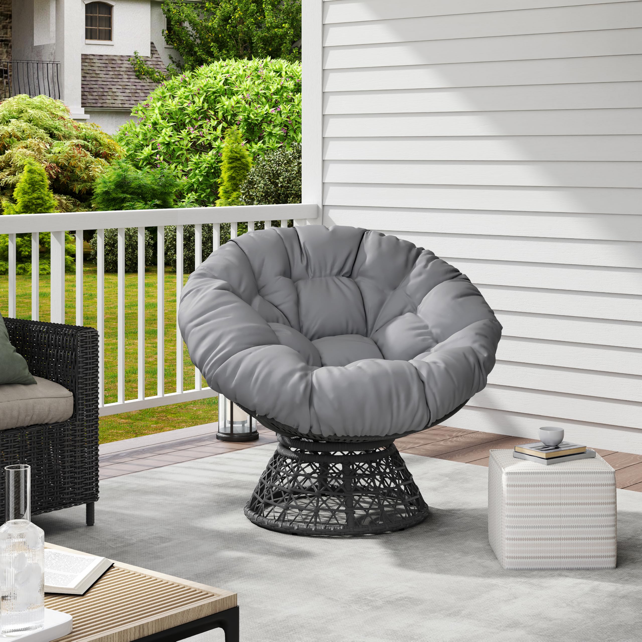 Yaheetech Poltrona da Giardino Girevole 360° Rattan Sedia a Dondolo Rotonda Papasan Cuscino Diametro 120 cm Nero Grigio
