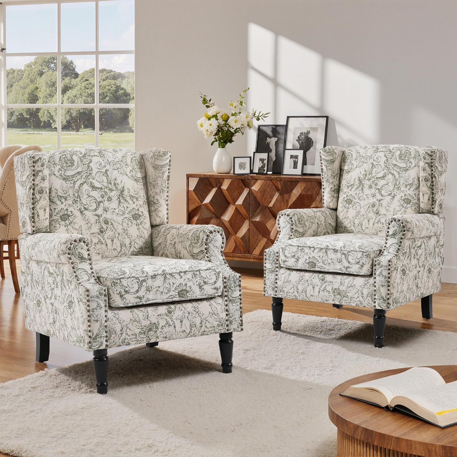 Lumibee High Back Accent Chair Set of 2, Armchair in Fabric,Comfy Upholstered Wingback Single Sofa Reading Chairs with Solid Wood Legs for Living Room,Bedroom,Office-Rococo Green
