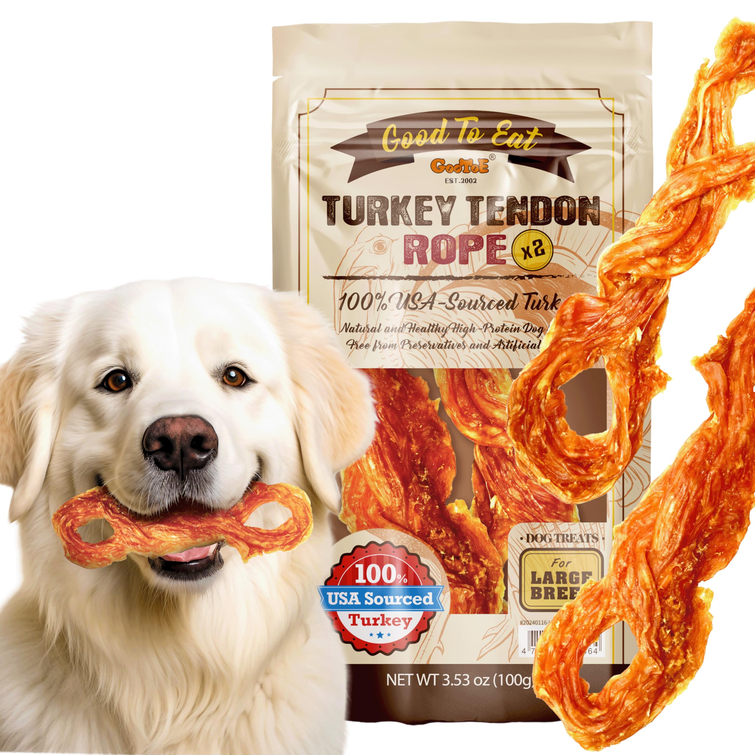 GooToE Turkey Streak, Dog Treats - Made in USA from Ingredients, Made in Taiwan, Additive-Free Treats, Premium Training Chew, Hypoallergenic, Resealable Pack, For Large Dogs, Large Rope, 2pcs/pack
