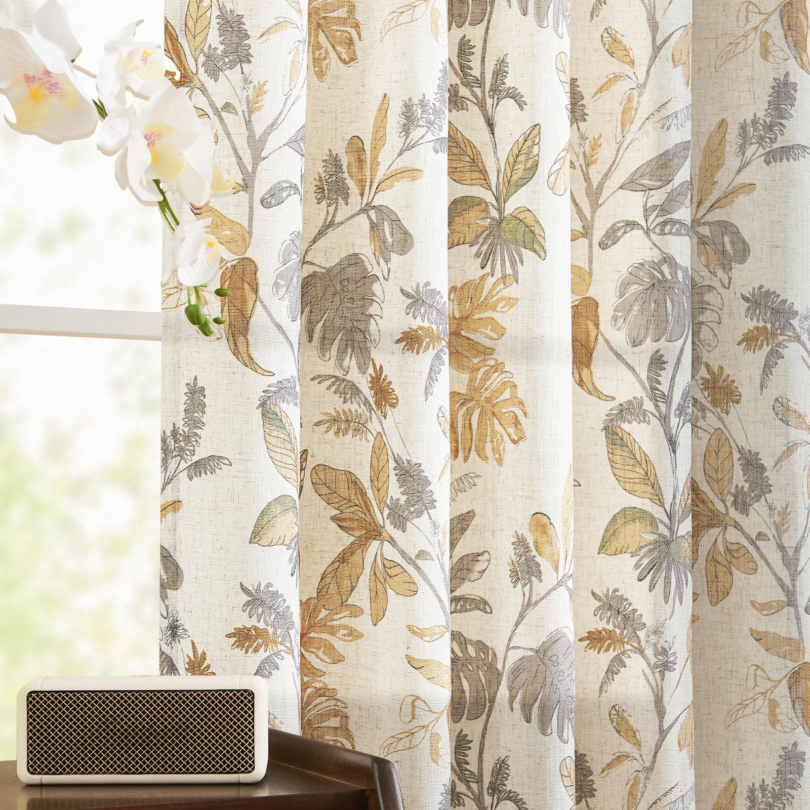 jinchan Linen Curtains for Living Room 84 Inches Long Tropical Leaf Print Botanical Flax Farmhouse Country Curtains Rod Pocket Light Filtering Window