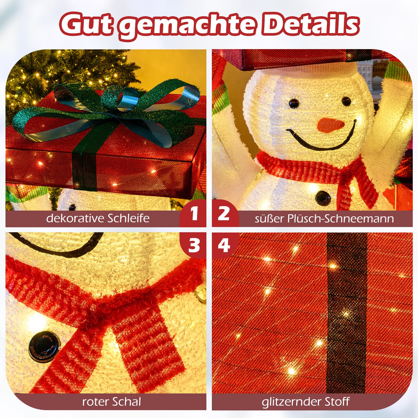 COSTWAY LED Schneemann in Geschenkbox, 115 cm beleuchtete Weihnachtsdeko mit 100 warmweißen LED-Lichtern, Weihnachtsfigur Outdoor XXL, Weihnachtsbeleuchtung für innen & außen