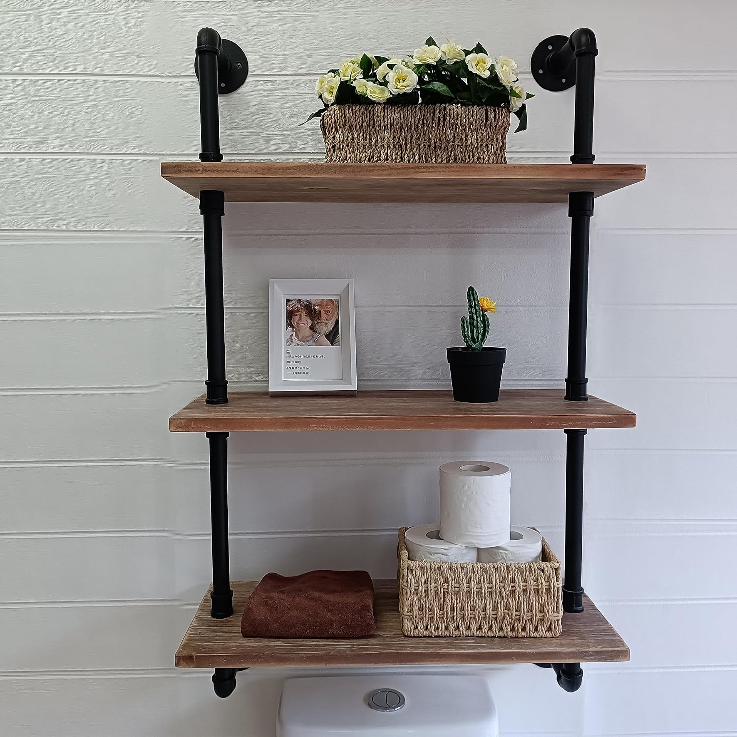 Industrial Pipe Shelving Bathroom Shelves Over Toilet 24 Inch,Rustic Wall Shelves,Industrial Floating Shelves for Wall Pipe Shelf Farmhouse Shelf for Kitchen Brown 3Tier24in