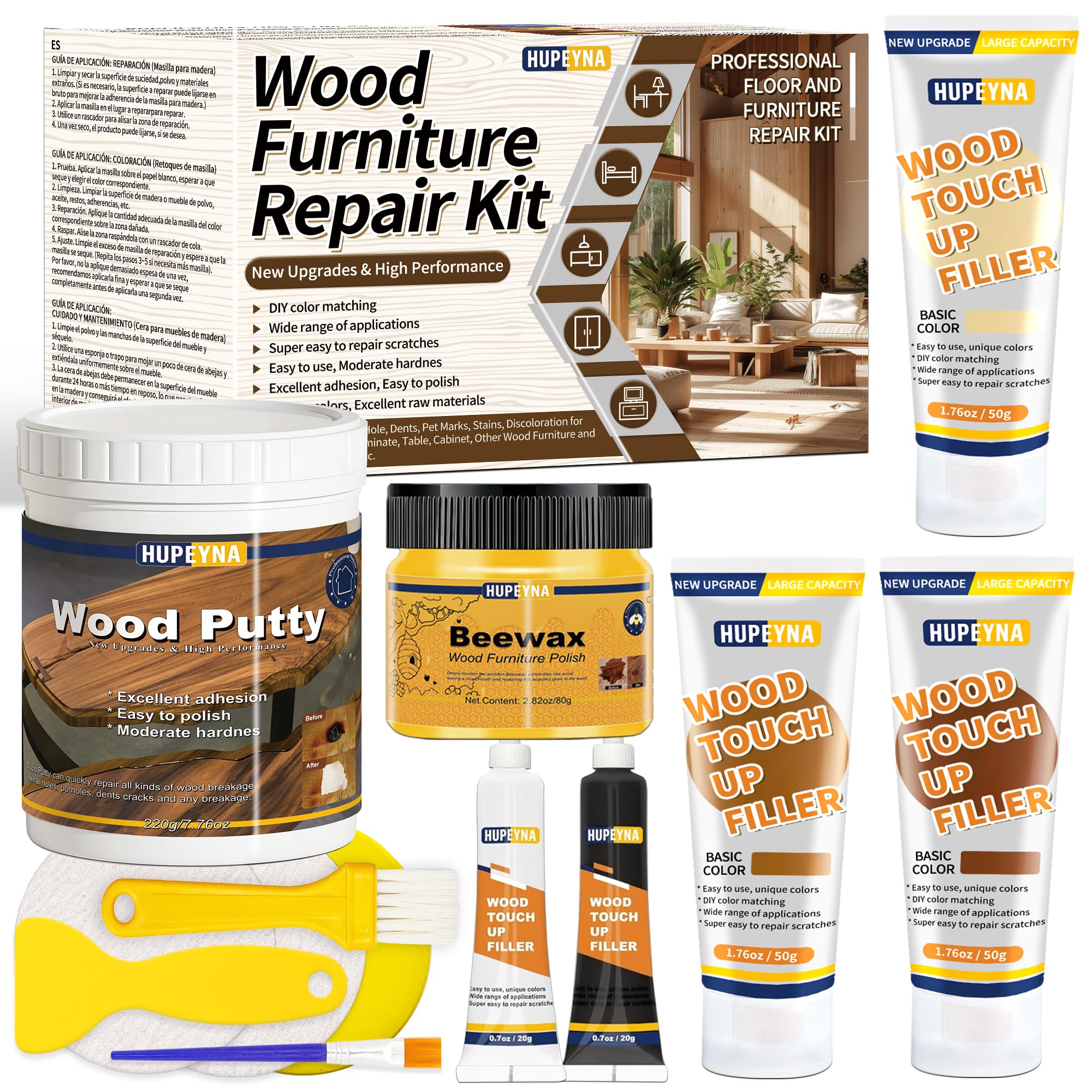 Kit de Reparación de Madera, Kit Reparación Laminado - Serie Madera Natural | Masillas de Madera y Cera de Abejas, Reparación de Manchas, Grietas, Agujeros, Decoloración Reparador Arañazos Parquet