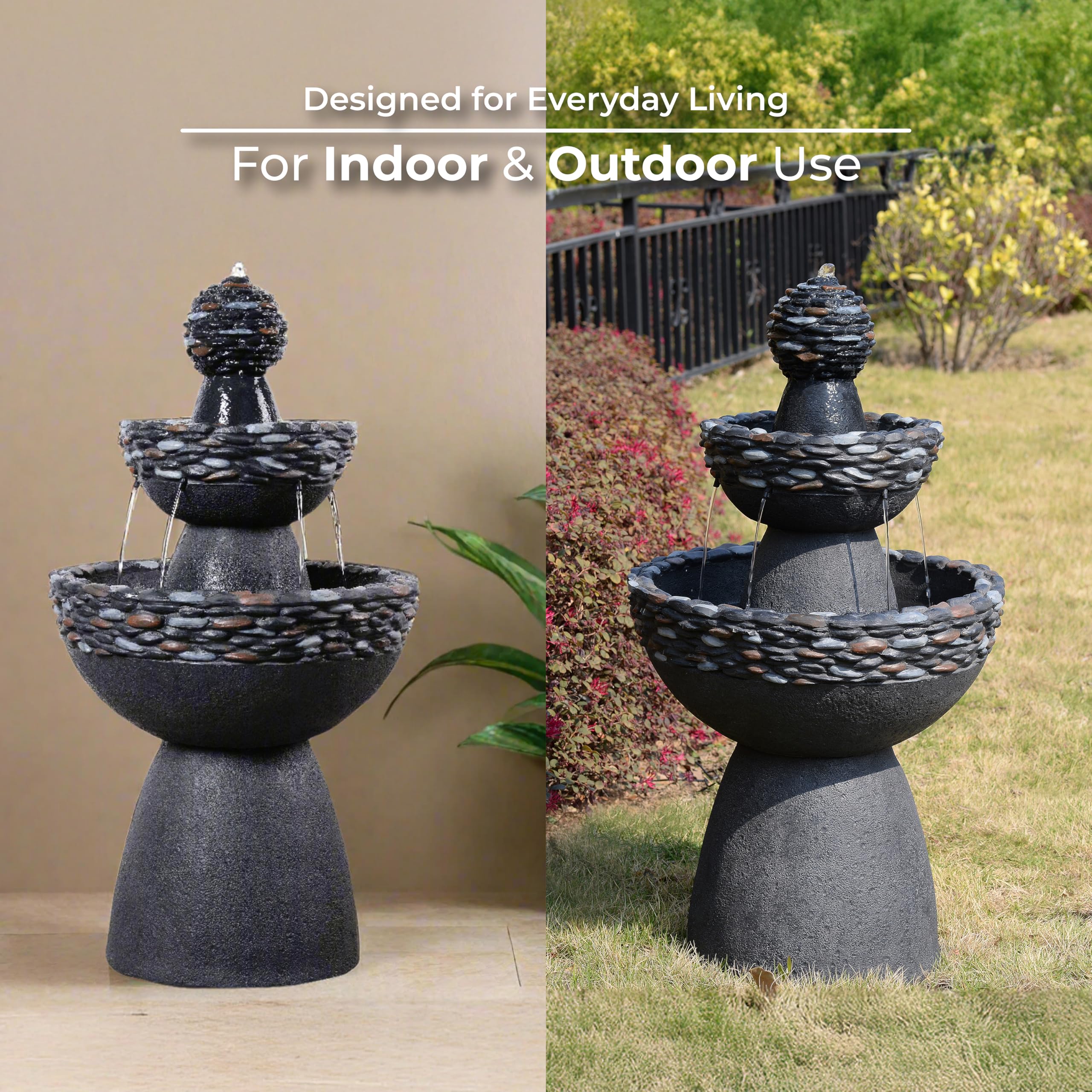 Teamson Home Garten Outdoor Brunnen Klassischer 3-stufiger Sockelbrunnen mit LED-Lichtern, Einstellbarer Fluss, dunkelgraues Steinoptik-Finish