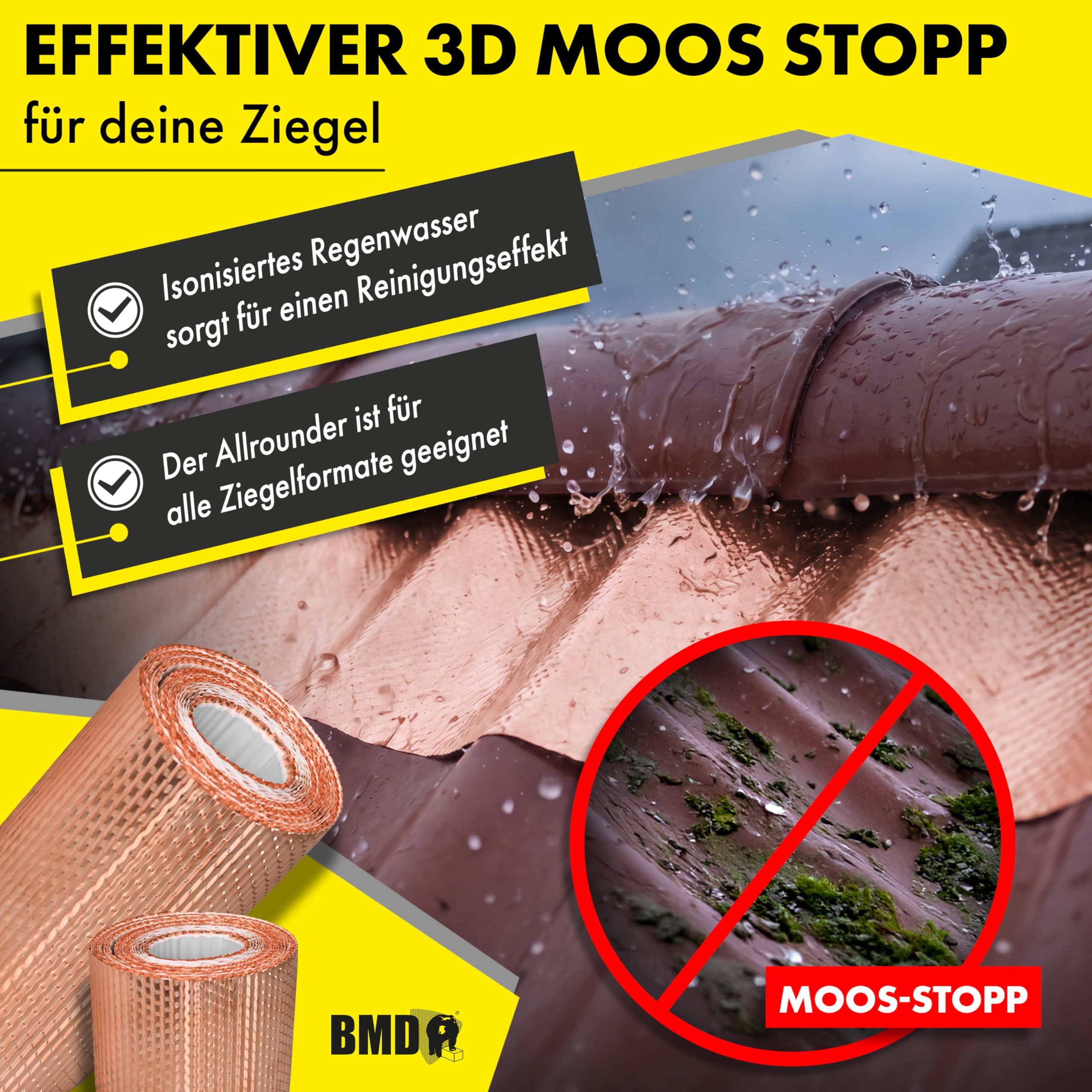 BMD 3D Moos Stopp Kupferband | 300mm x 5m | 2 Größen | UV-stabil | Butylkleber selbstklebend | Entmoosung von Dachziegeln | Profiqualität zur Reinigung des Daches | Anti-Moos