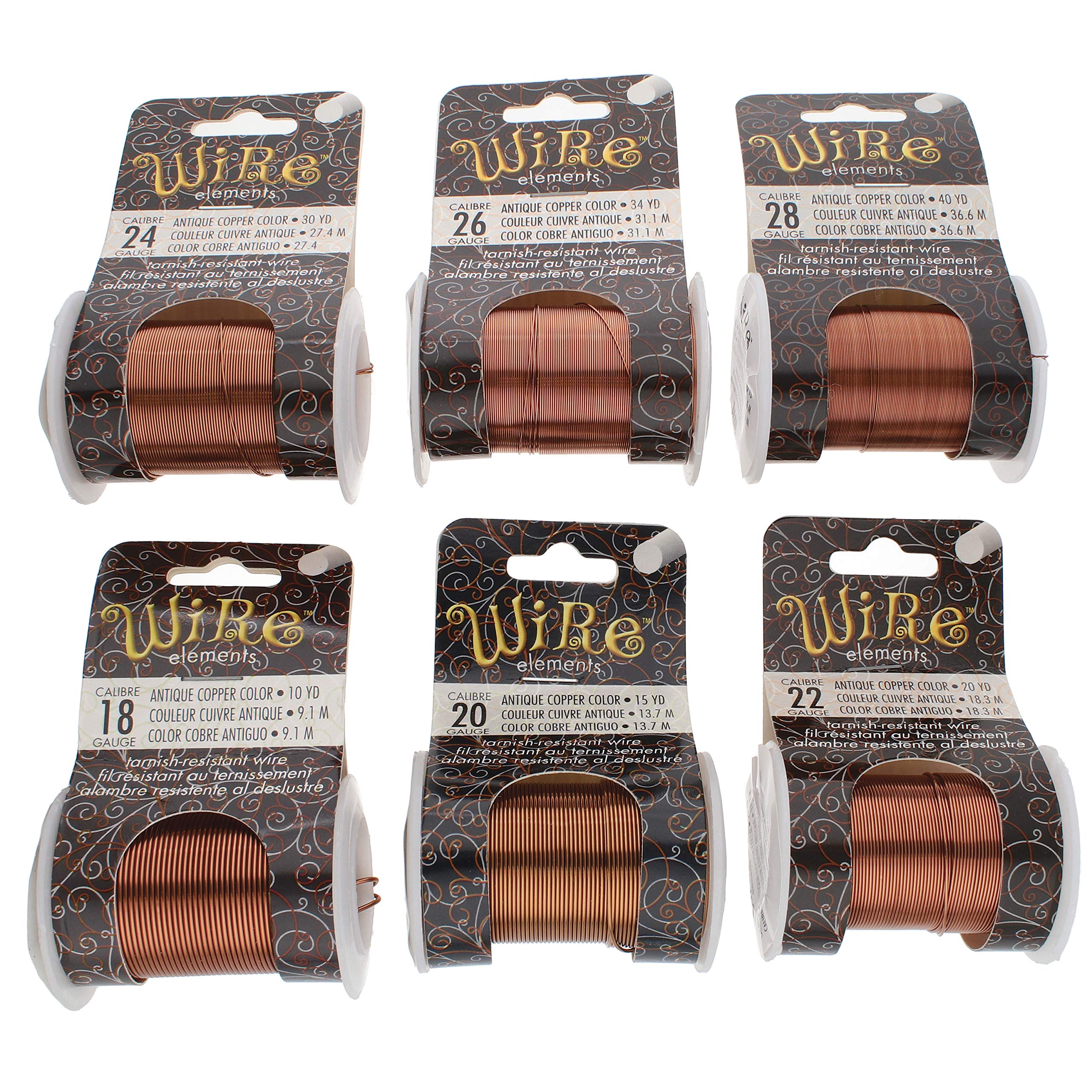 The Beadsmith Alambre de cobre lacado de color de cobre antiguo resistente al deslustre para fabricación de joyas, 20 yardas, 18.29 metros cada bobina (calibre 18, 20, 22, 24, 26, 28)