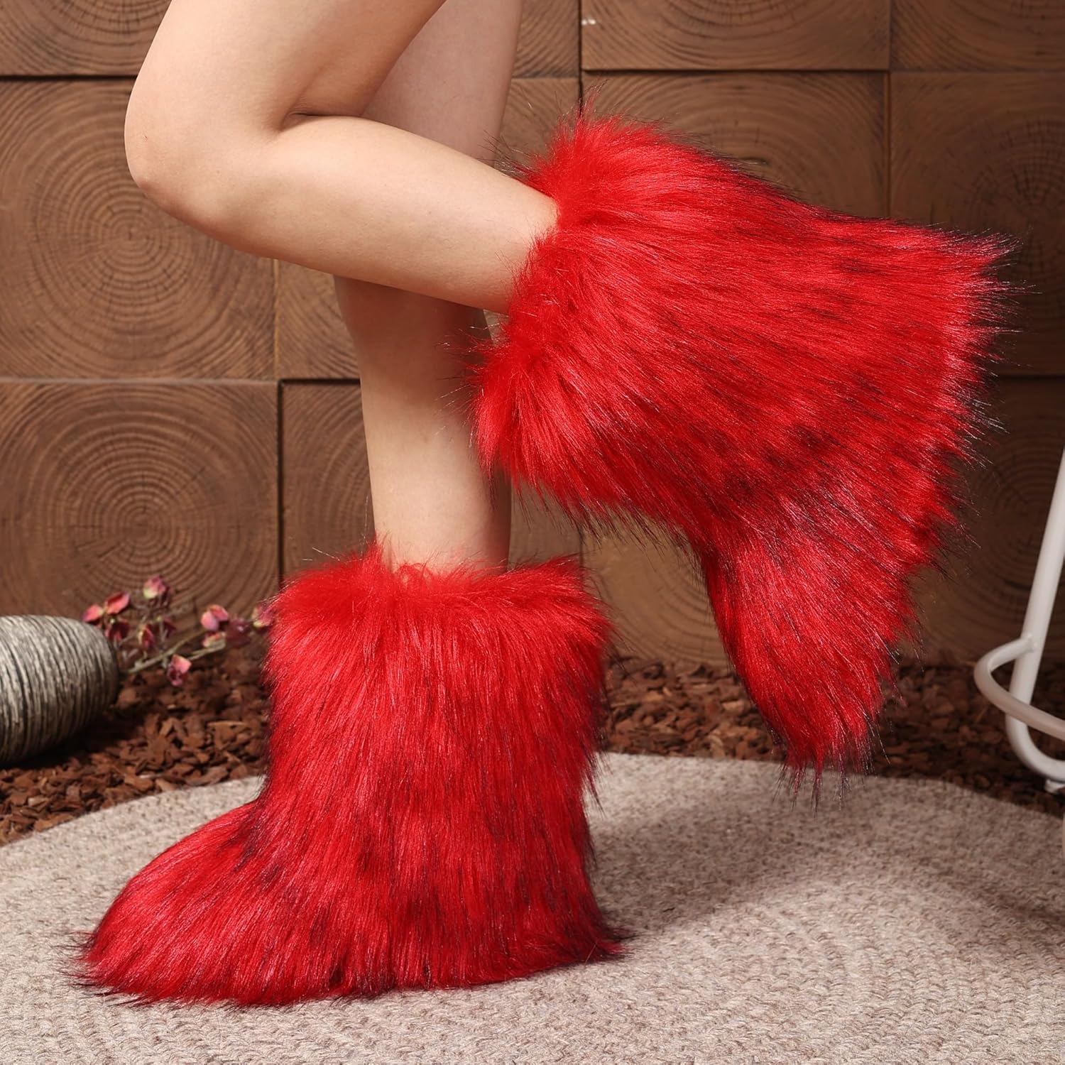 Women Faux Fur Furry Boot Fluffy Mid Calf Snow Boots Round Toe Suede Comfy Warm Flat Shoes Winter For Girl