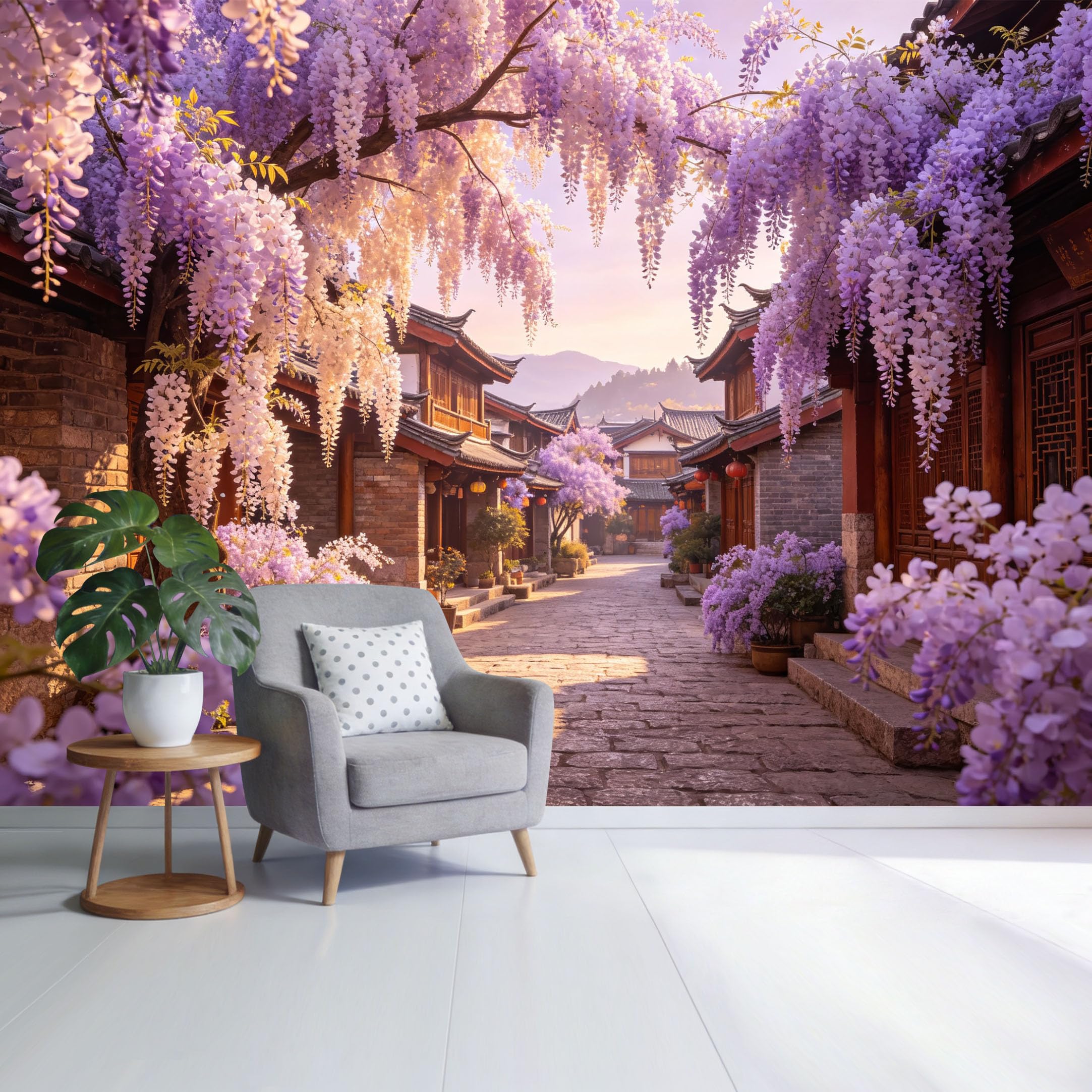 Custom Size Wall Mural Purple Wisteria Blossoms Asian Street Landscape Watercolor Style SelfAdhesive Wall Fabric Removable Wallpaper for Home Office Decor