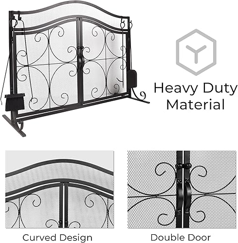 Miniatura 5 de Pantalla de chimenea de 39 x 31 pulgadas, cubierta de metal para chimenea de dos puertas, pantallas planas grandes, protector de chispas seguro para