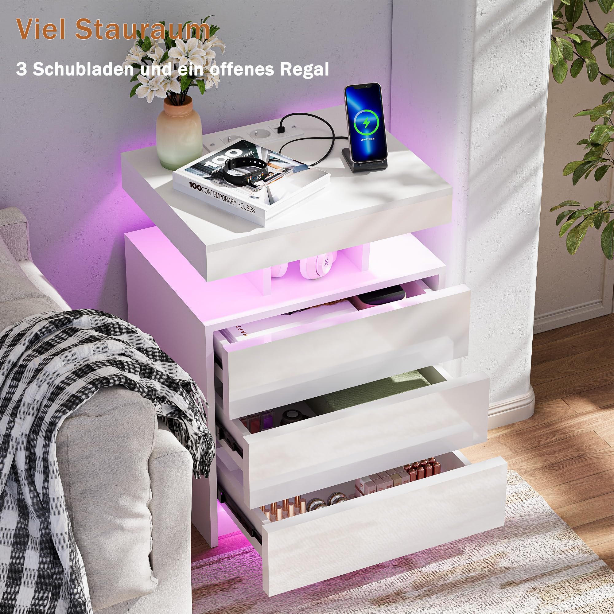 Set 2 Comodino con Presa Elettrica e LED RGB, comodini camera da letto Moderni a 3 Cassetti Laccati e Antrato Aperto, 2 AC 2 USB LED RGB e Telecomando, per Soggiorno, Bianco 50cm Larghezza
