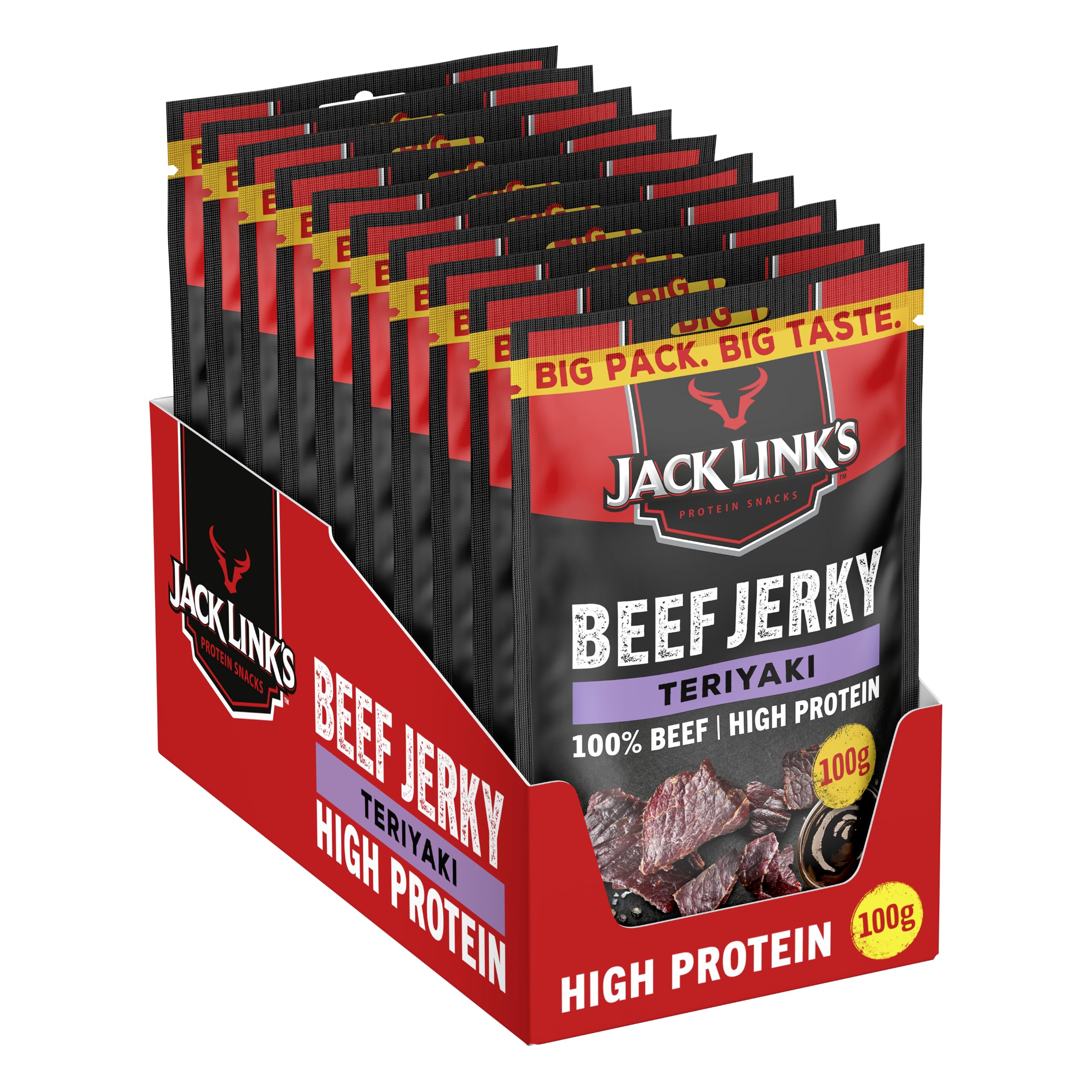 Jack Link's Beef Jerky Teriyaki – Lot de 10 sachets (10 x 100 g) – Viande de Bœuf Séchée Riche en Protéines – Snack Protéiné pour le Sport et les Activités en Plein Air