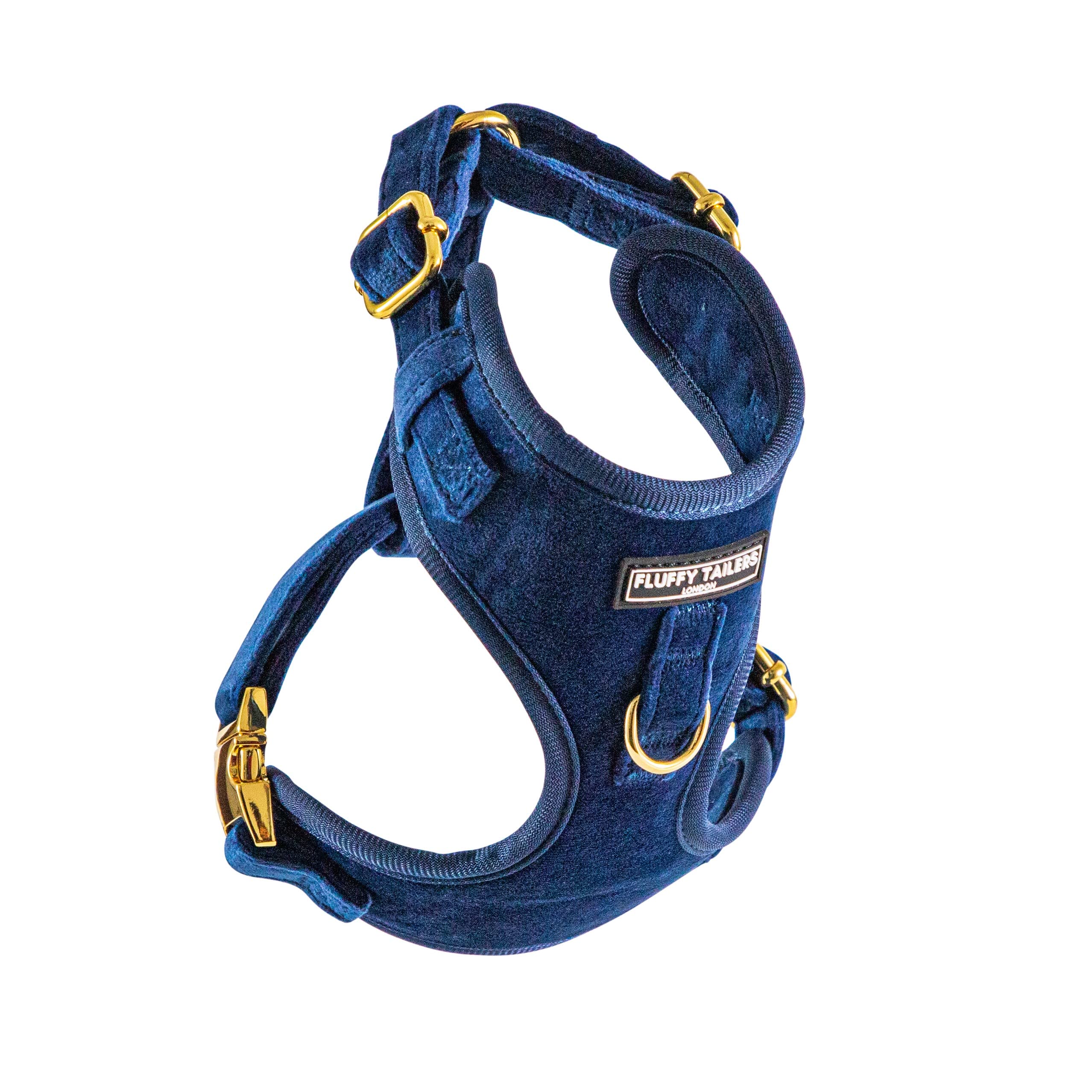 Royal Blue Velvet Collection- arnés para perro, cuello, pajarita, correa y soporte para bolsa (extra pequeño)