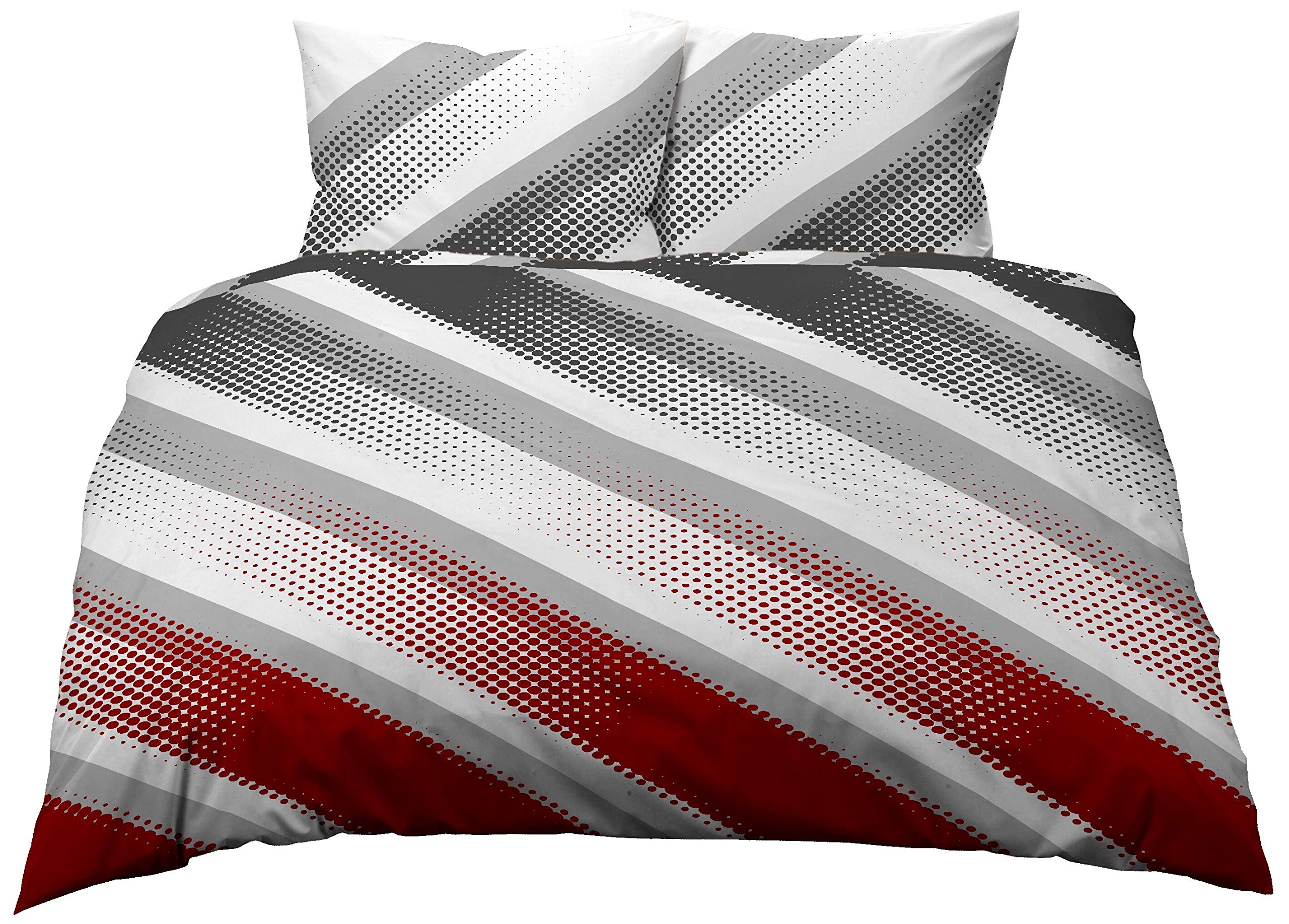 3 TLG. Bettwäsche 200x200 cm + 70x90 cm, Baumwolle Satin, Modern Weiß Grau Rot