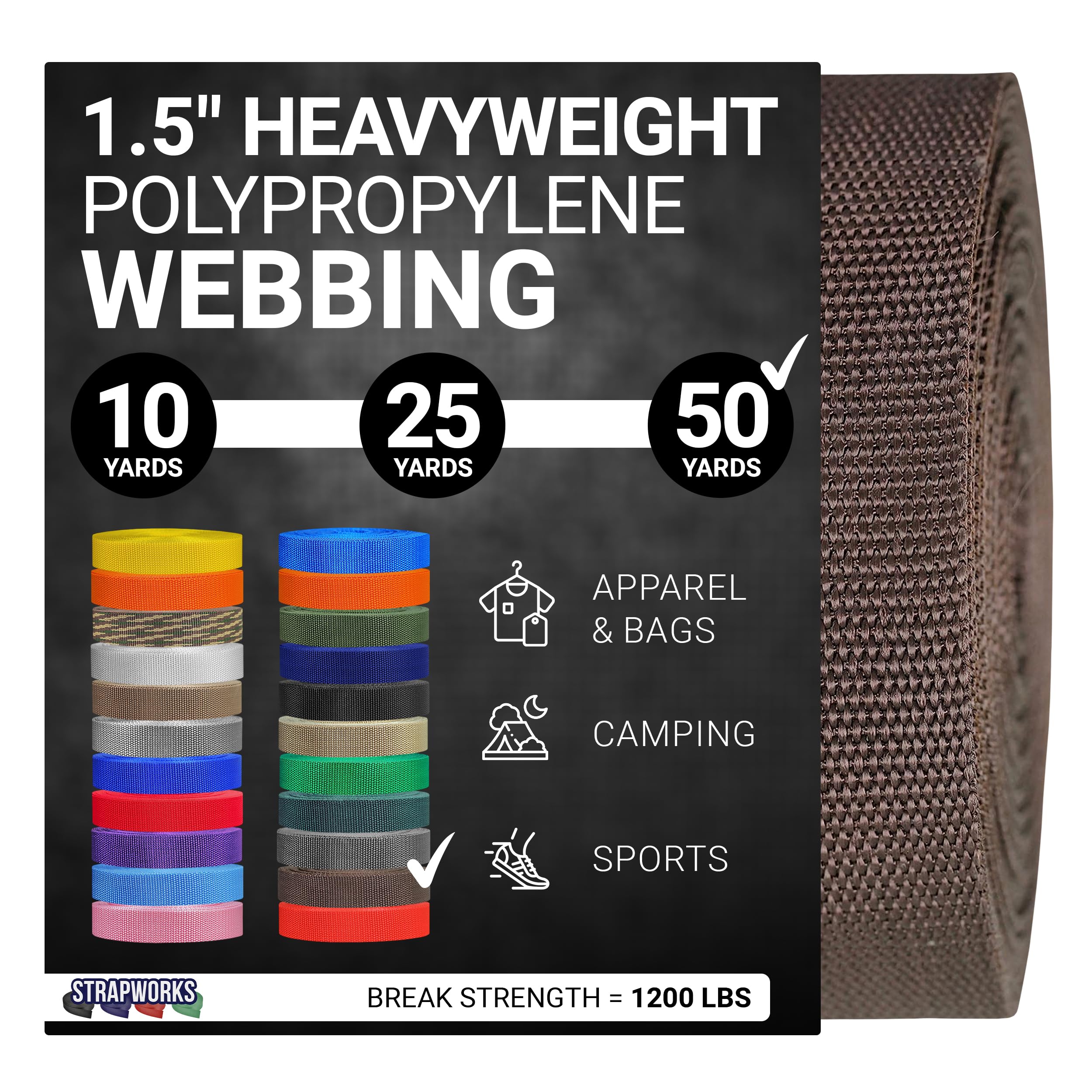 Strapworks Heavyweight Polypropylene Webbing - Heavy Duty Poly Strapping for Outdoor DIY Gear Repair, 1.5 Inches