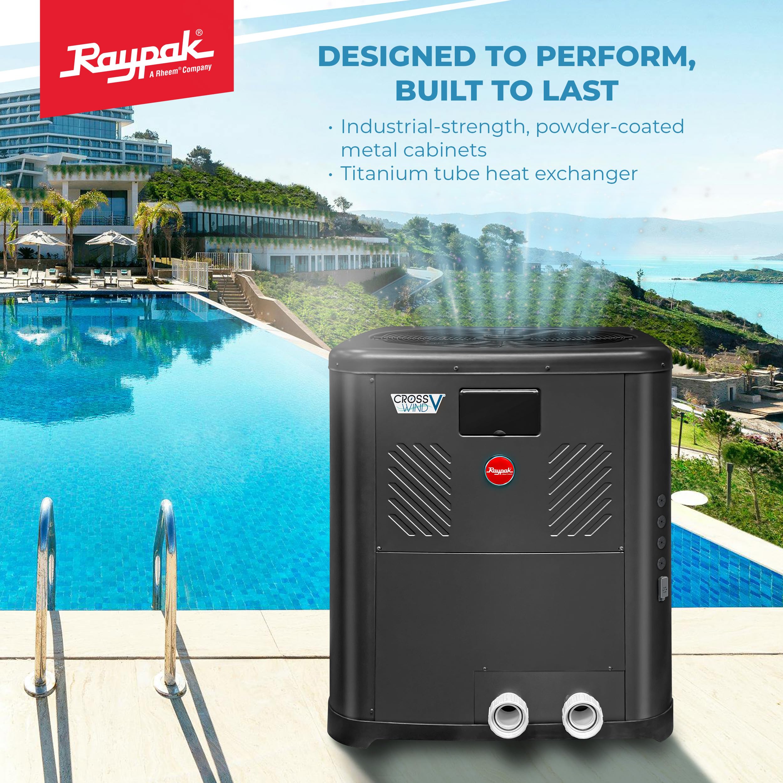 Raypak Crosswind V Pool Heat Pump - Spa and Pool Heater with Free Wi-Fi for Fleet Monitoring, Hybrid Heating for Above Ground and In-Ground Pools