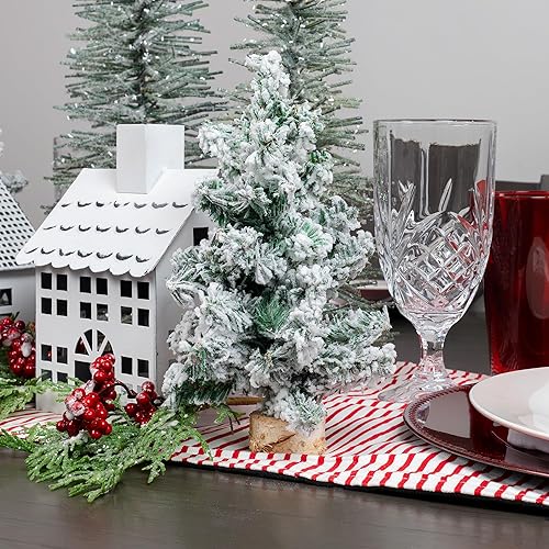 Miniatura 8 de AuldHome Mini árboles de Navidad (paquete de 3, 10 pulgadas, flocados) decoración navideña de mesa de pino canadiense