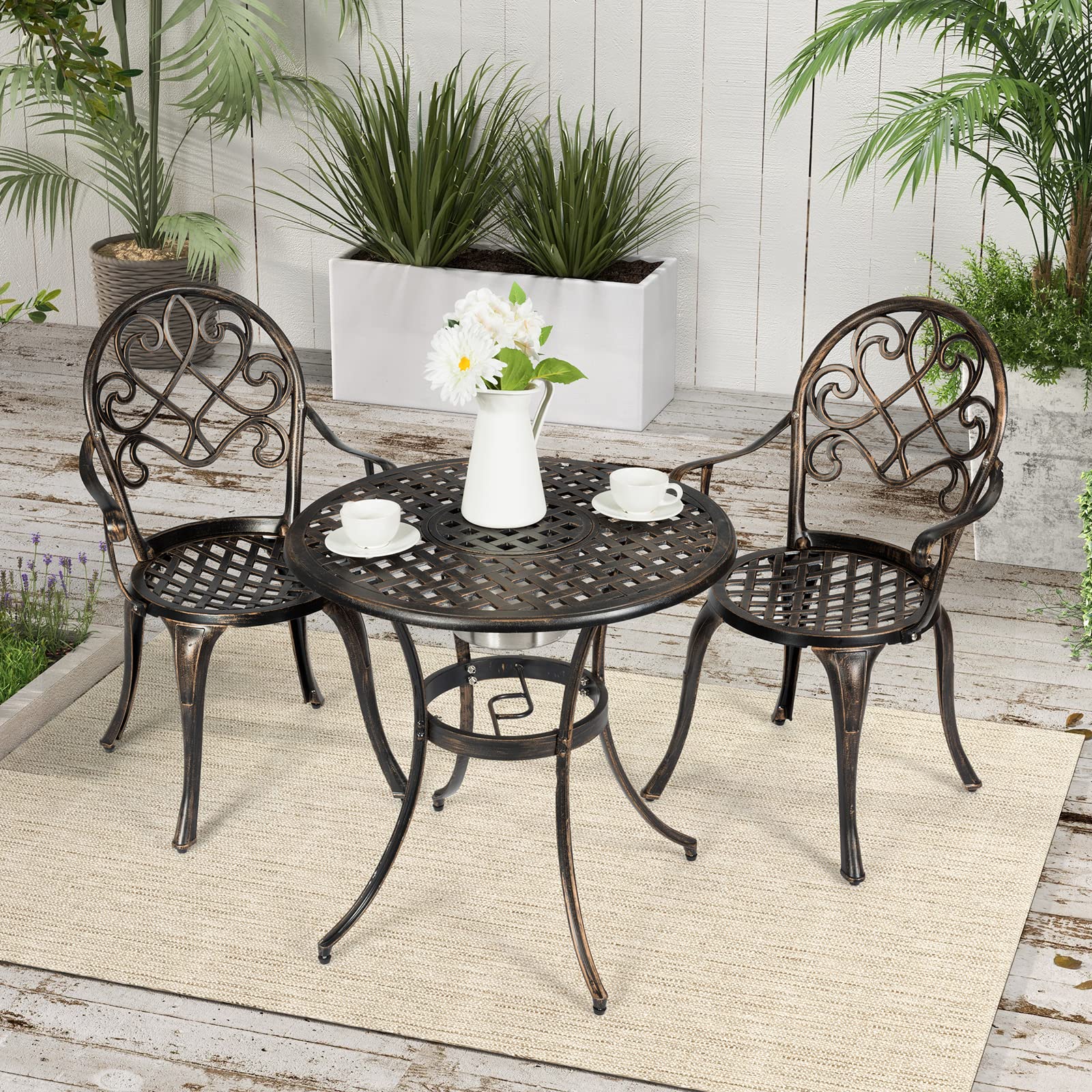 GOPLUS Ensemble de Bistrot 3 Pièces en Fonte d'Aluminium, Table Ronde avec Seau à Glace Amovible & 2 Chaises, Résistant aux Intempéries, Style Antique