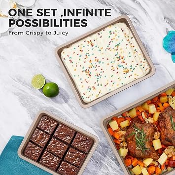 HONGBAKE Deep Baking Pans Set for Oven, Nonstick Rectangle Sheet Cake Pans for Baking, 13/11/9 Inch Rectangular Oven Tray for Cooking Brownie Lasagna, Stackable Multi-Depth Bakeware, Golden