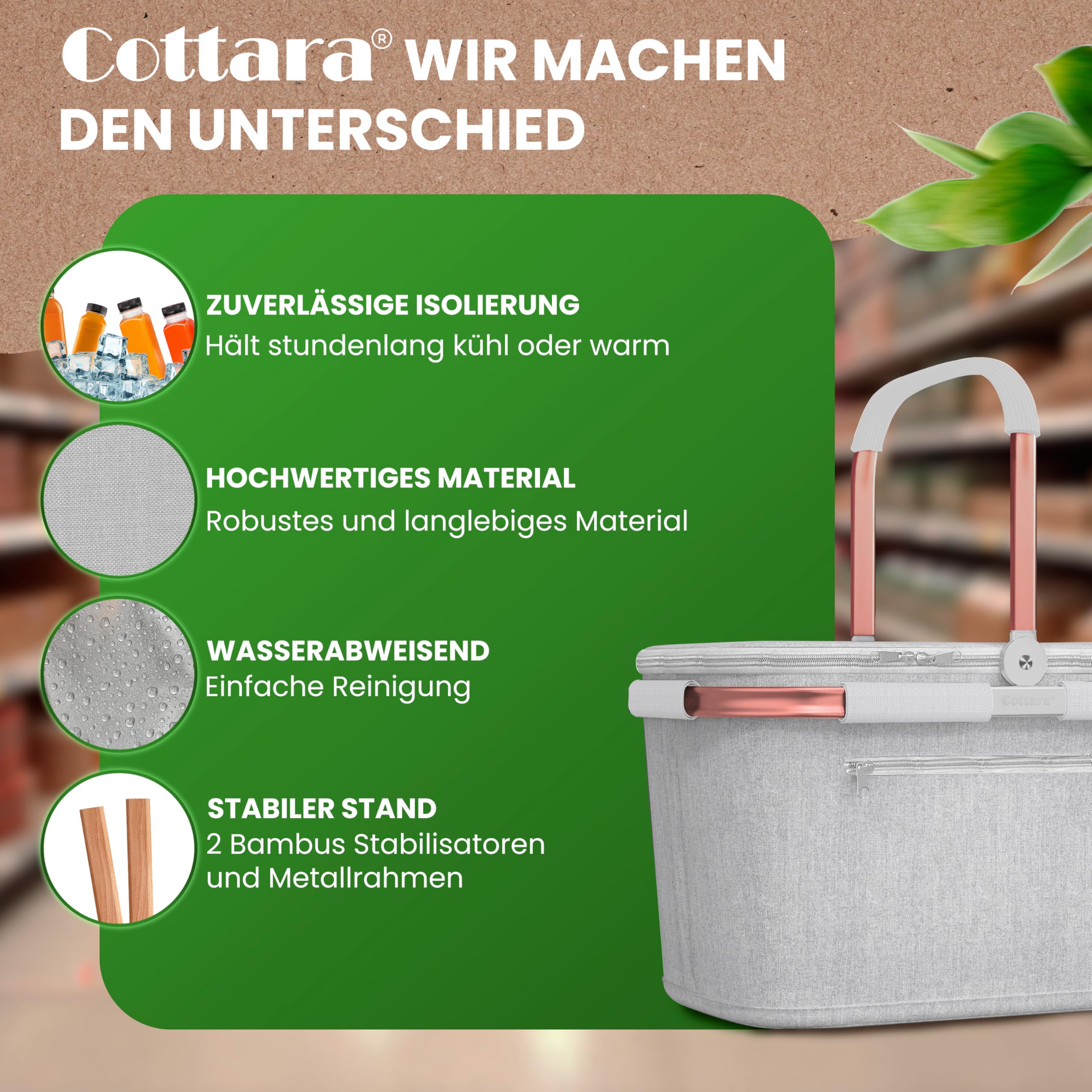 Cottara® Grand panier isotherme avec couvercle, fond renforcé, compartiment avant avec fermeture éclair, idéal comme panier isotherme ou panier de pique-nique (gris clair rose)
