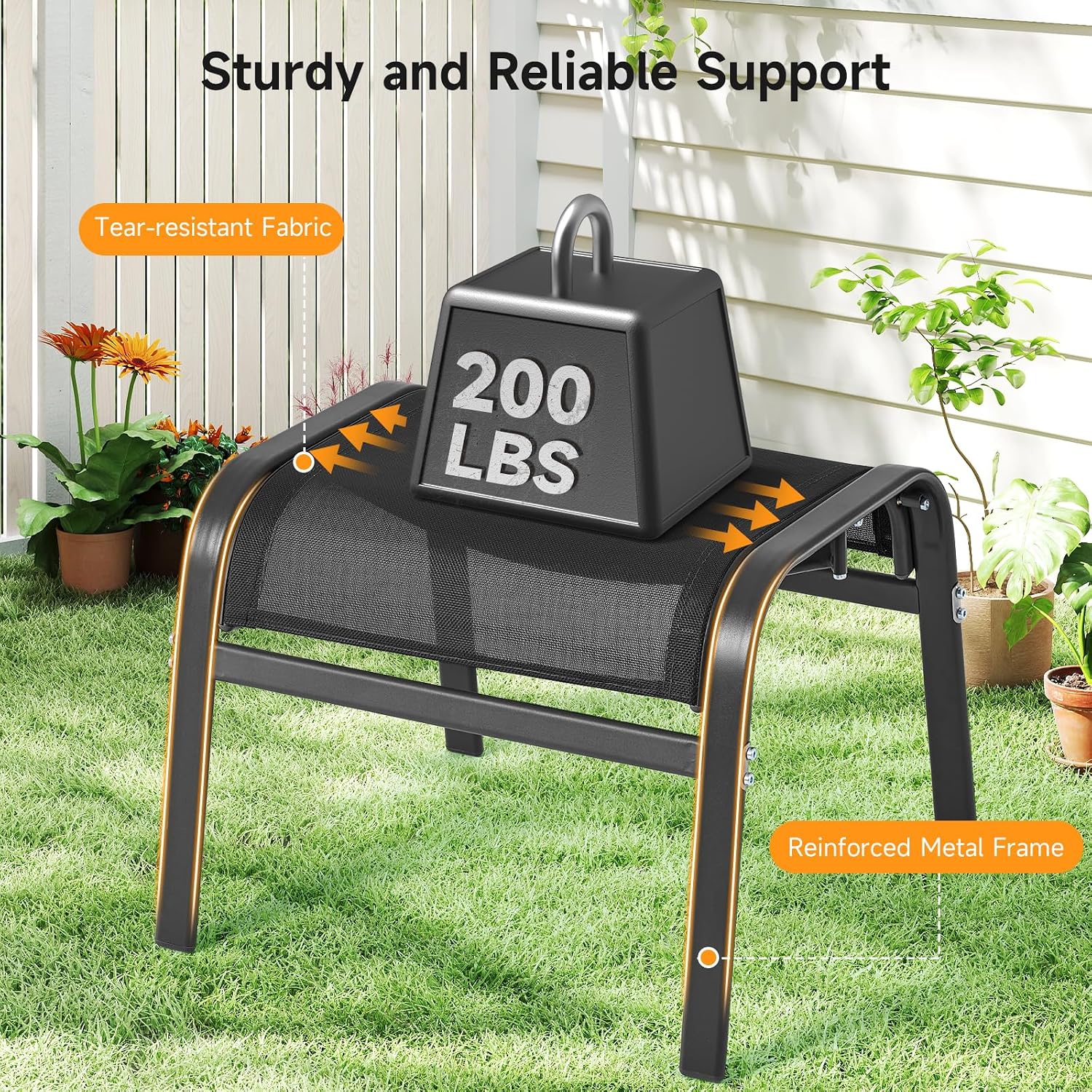 ONBRILL Outdoor Ottoman Foot Rest Set of 2, Textilene Fabric Outdoor Footstool with Tight Surface and Stable Metal Frame, Wide Use Outdoor Ottomans for Patio, Balcony, Poolside and Indoors, Black