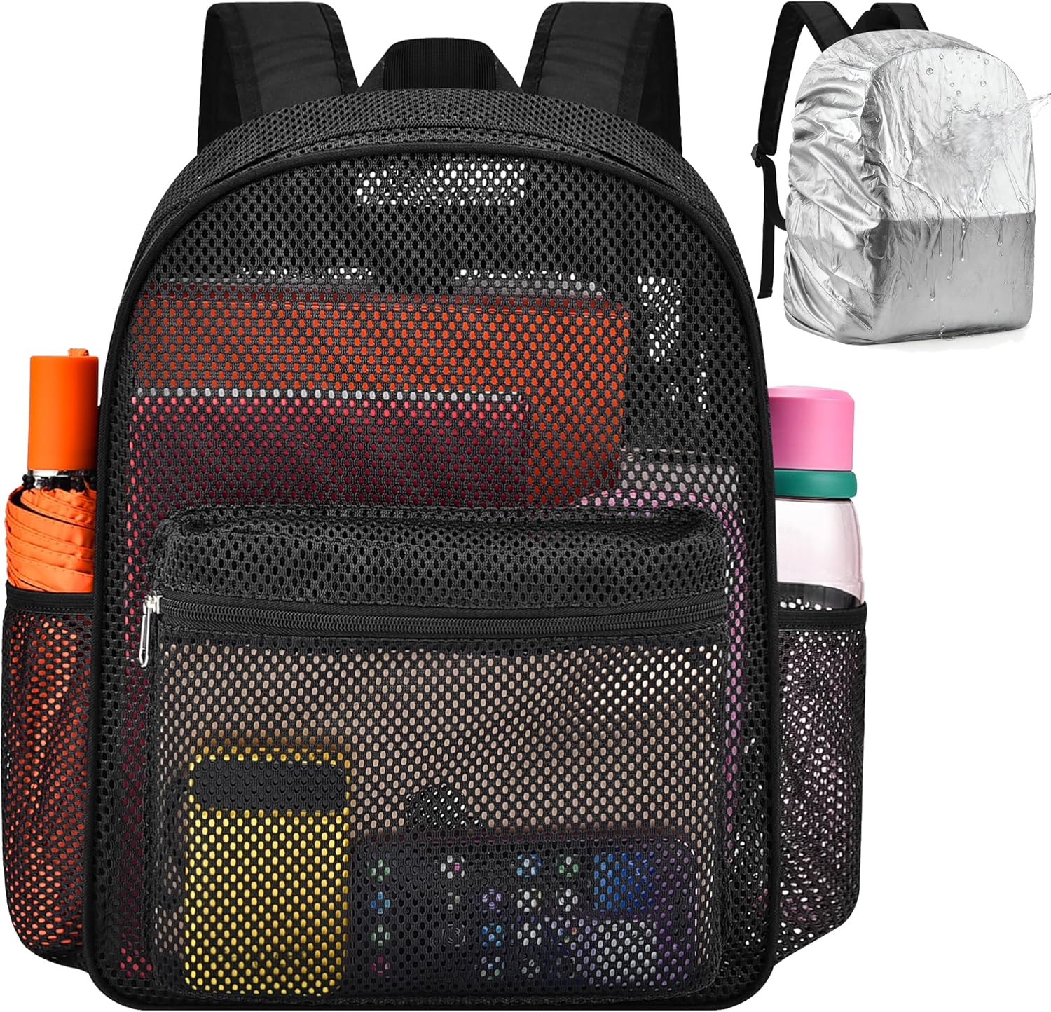 Oraben Heavy Duty Mesh Pack with Rain Cover - See Through Backpack Mesh Backpack Ideal for Class, Work, Travel, or Beach Outings (Black)