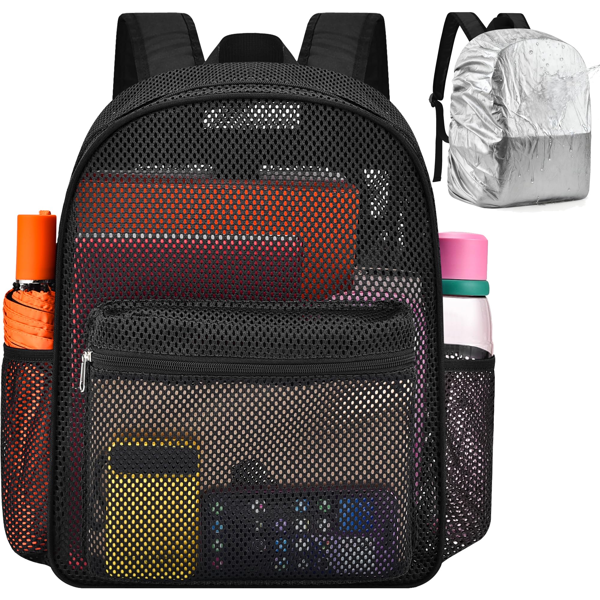 Heavy Duty Mesh Backpack with Rain Cover – Ventilated Swim & Gym Bag with 15.6” Laptop Sleeve, Large See Through Beach/School Backpack (Black)