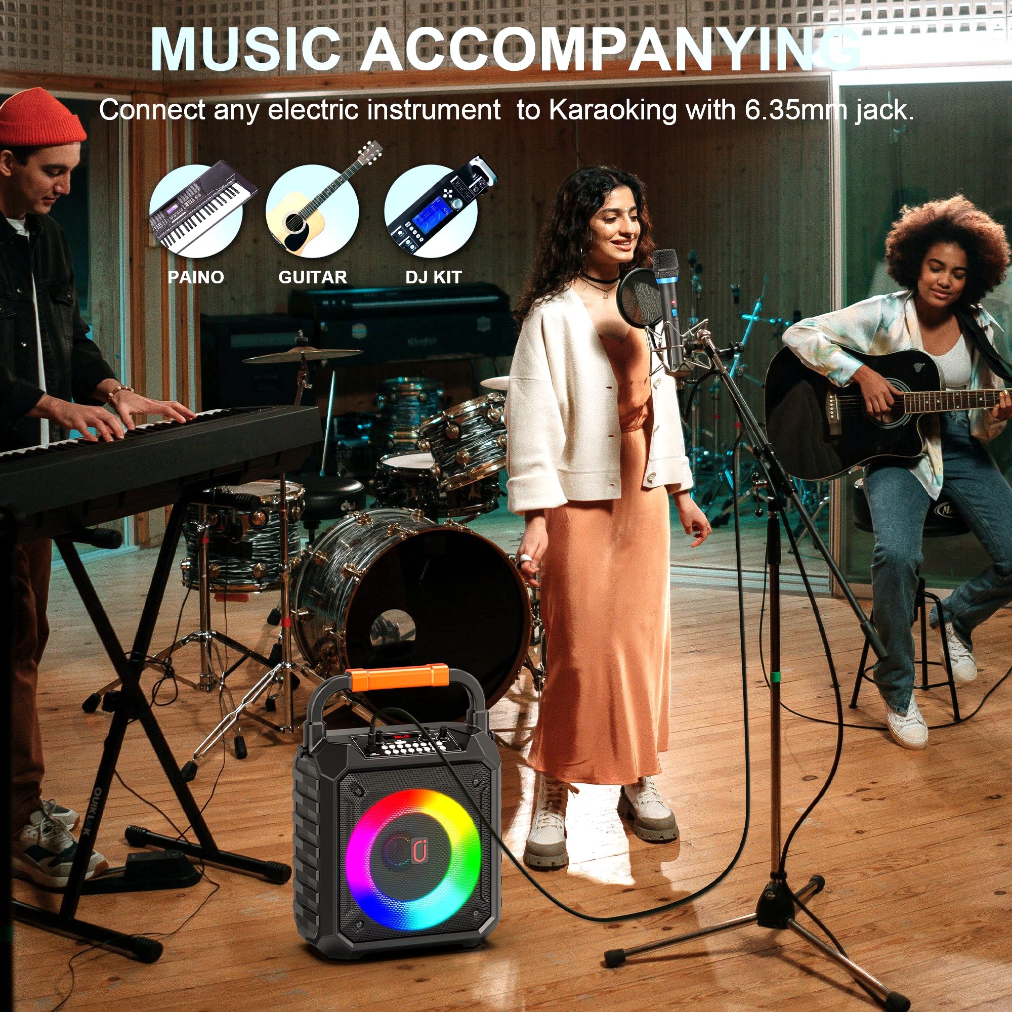 JAUYXIAN Karaoke con 2 Micrófonos Inalámbricos, Portátil Altavoz Karaoke Bluetooth con Luces LED para Niños y Adultos, Sistema PA Soporta USB/AUX/Rec para Fiestas en Interiores/Exteriores