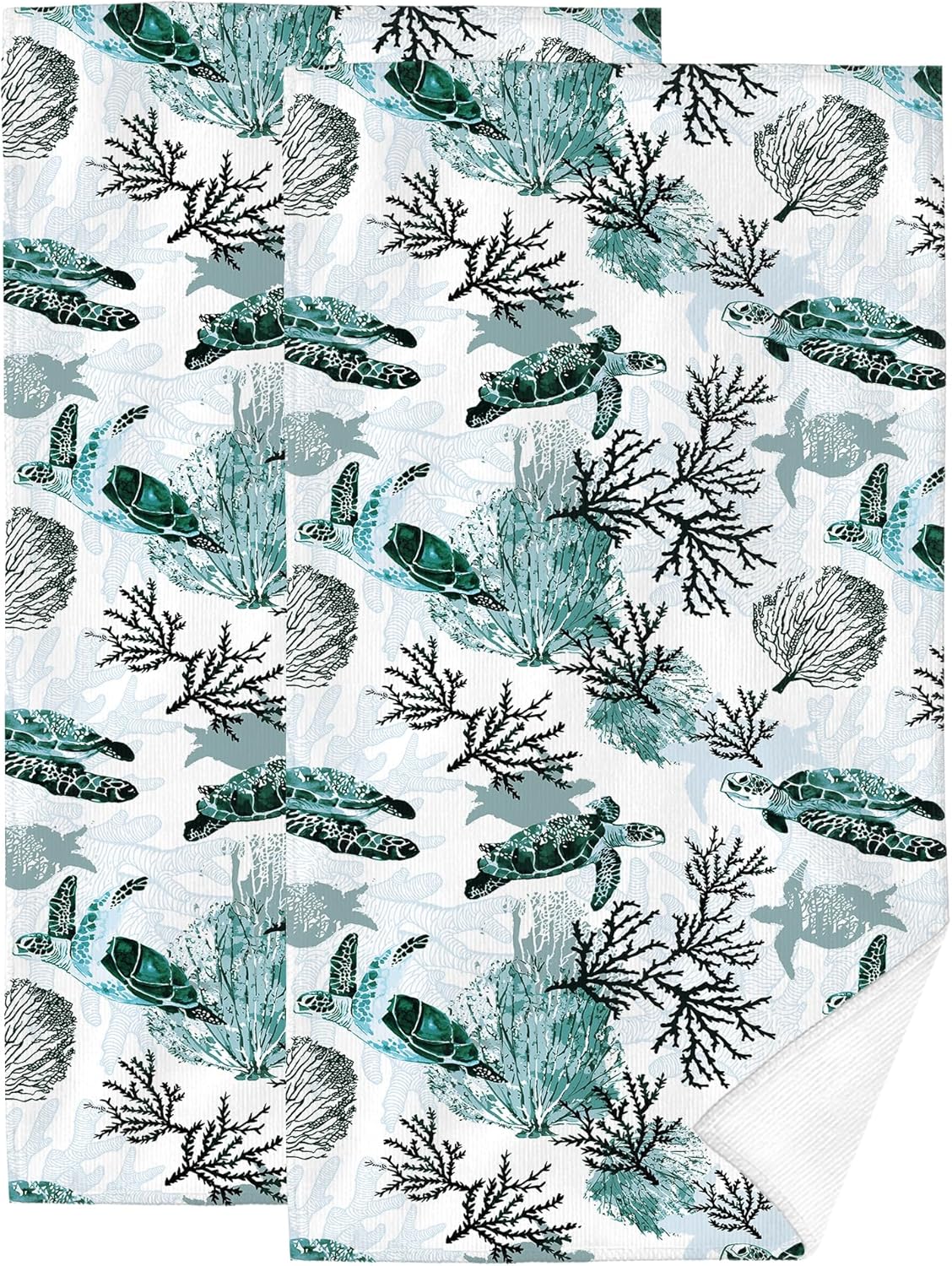 Sea Turtle Corals Coastal Hand Towels for Bathroom 14x28 Inch, Green Teal Nautical Bath Towels Decorative Set of 2 for Farmhouse Gym Kitchen Hotel Holiday Summer Beach Bathroom Home Decorations