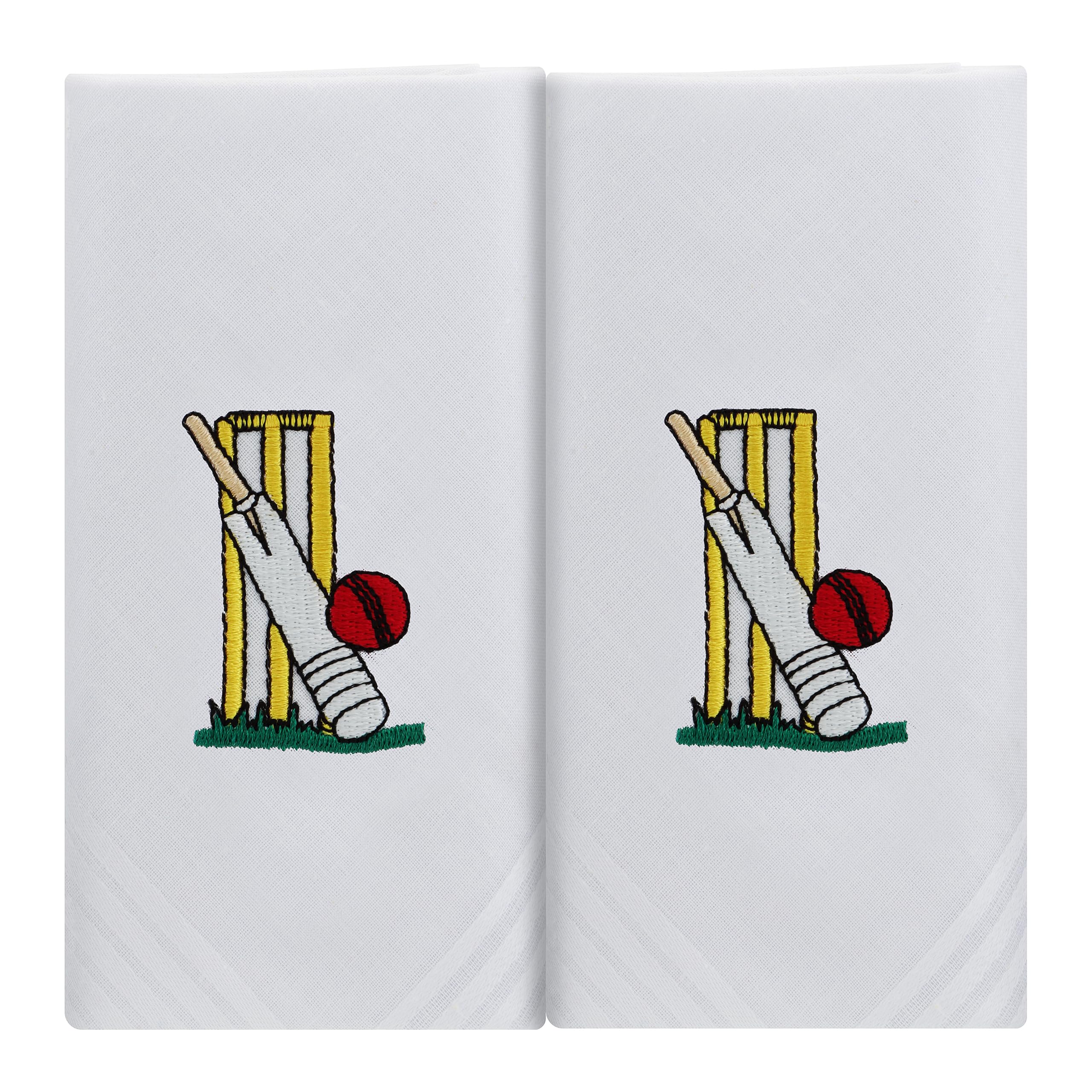 Mandittions Men's White Cricket Box Of 2 White Cotton Handkerchiefs Each Embroidered With Cricket Stumps A Cricket Bat And Red Ball