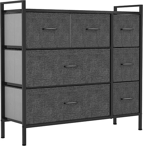 YITAHOME Cómoda de tela con 7 cajones, mueble de almacenamiento, marco de acero resistente, parte superior de madera y cubos de tela fáciles de